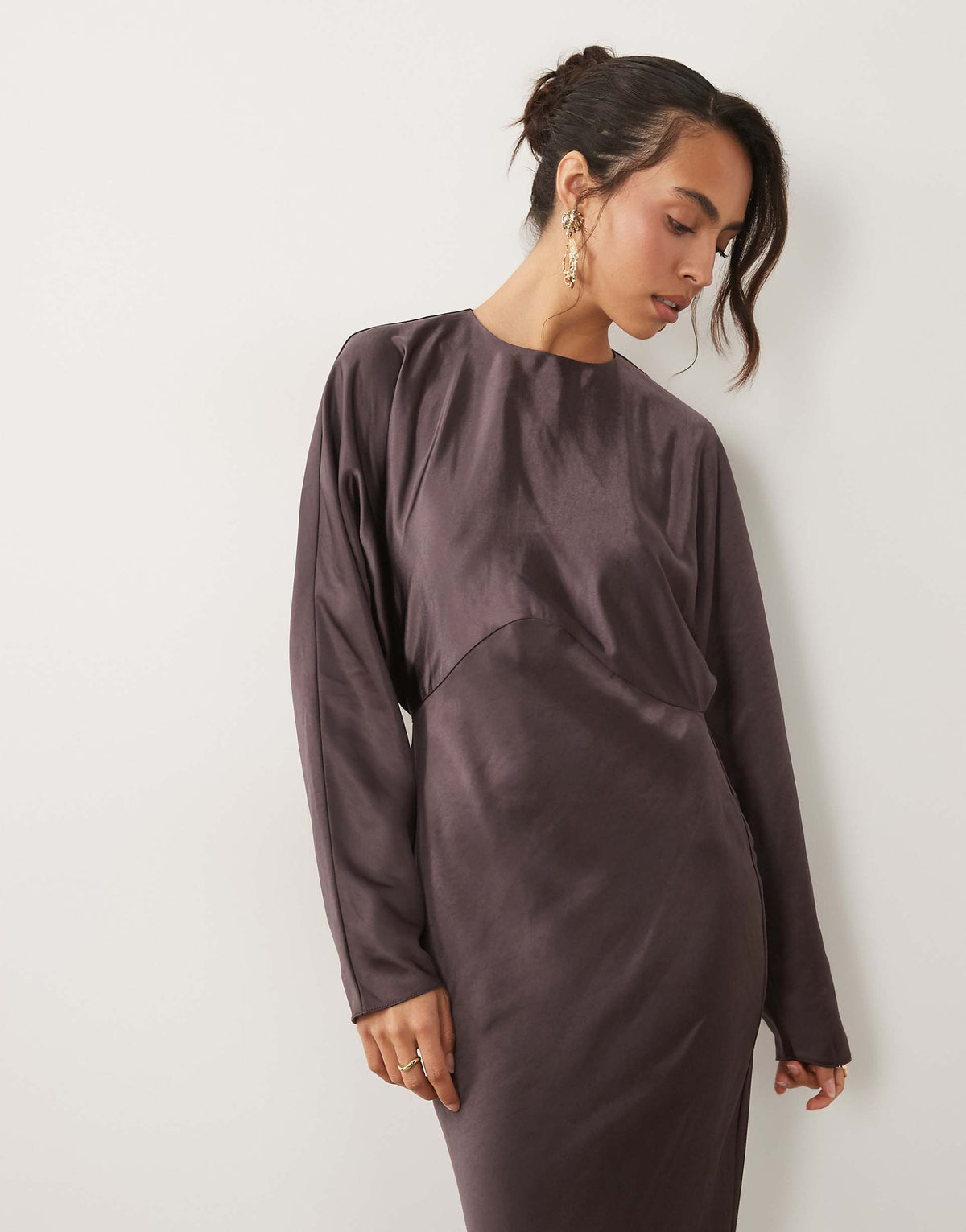 ASOS DESIGN satin batwing maxi dress in brown
