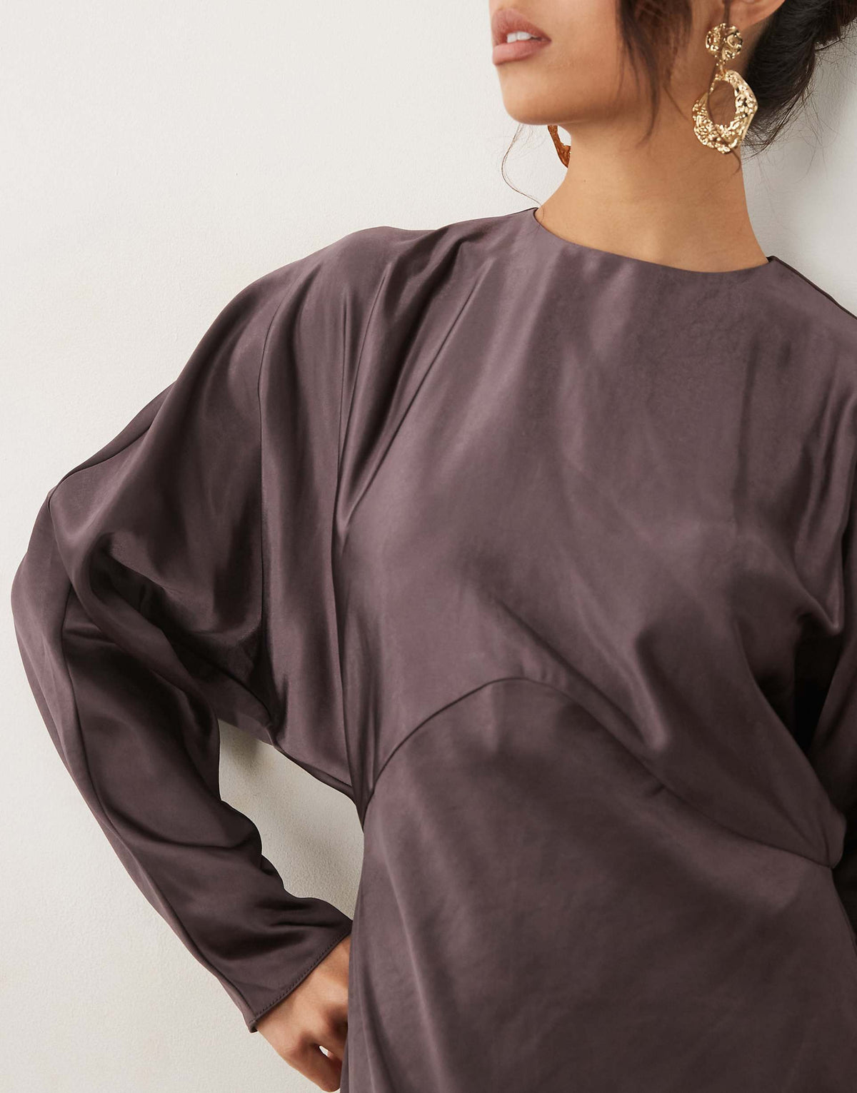 ASOS DESIGN satin batwing maxi dress in brown