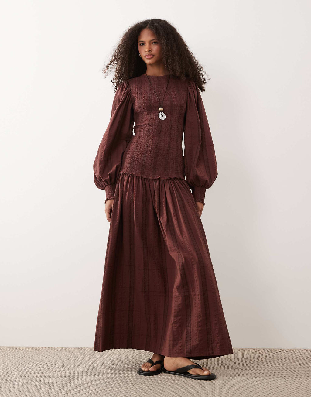 ASOS DESIGN shirred poplin maxi dress in burgundy check