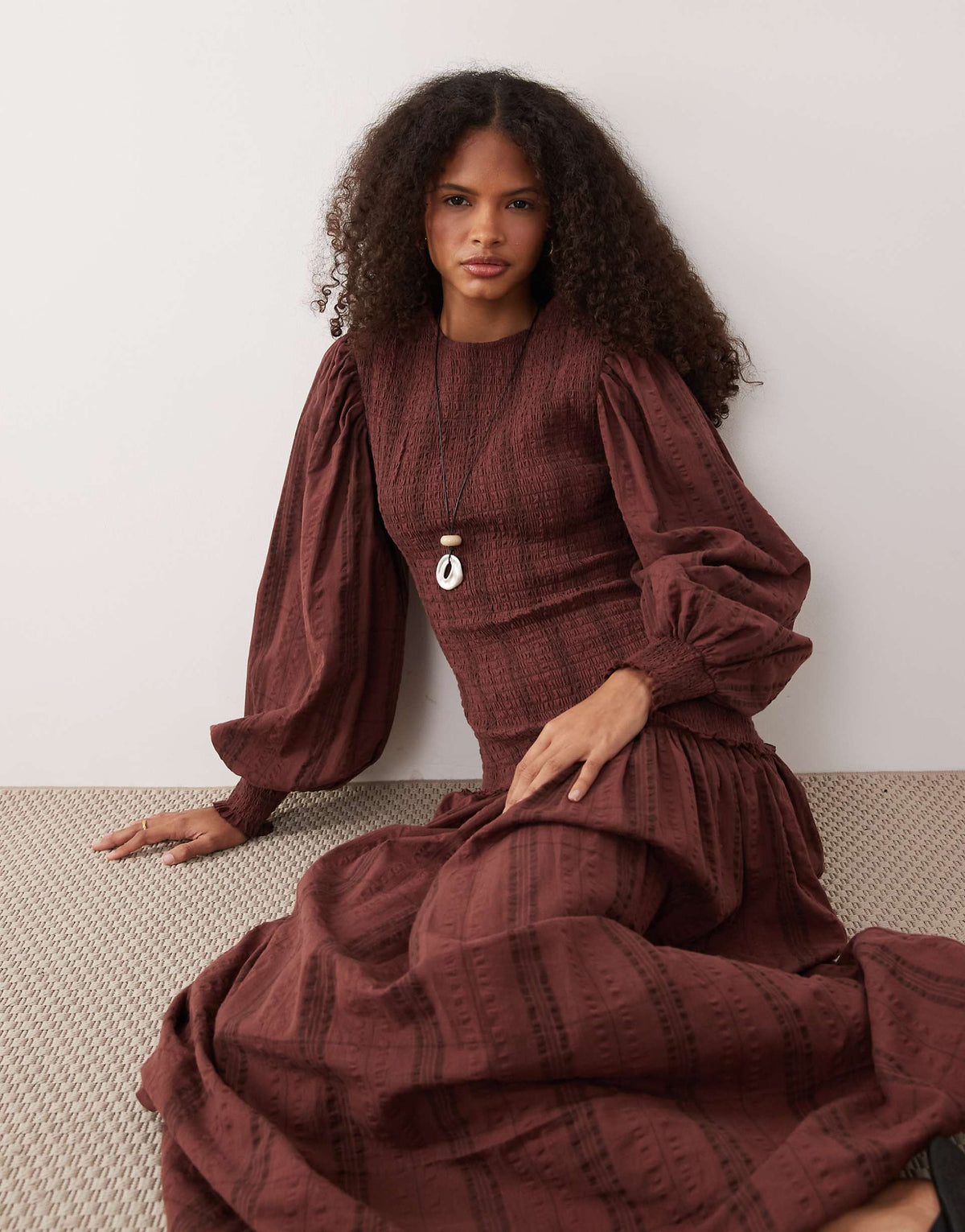 ASOS DESIGN shirred poplin maxi dress in burgundy check