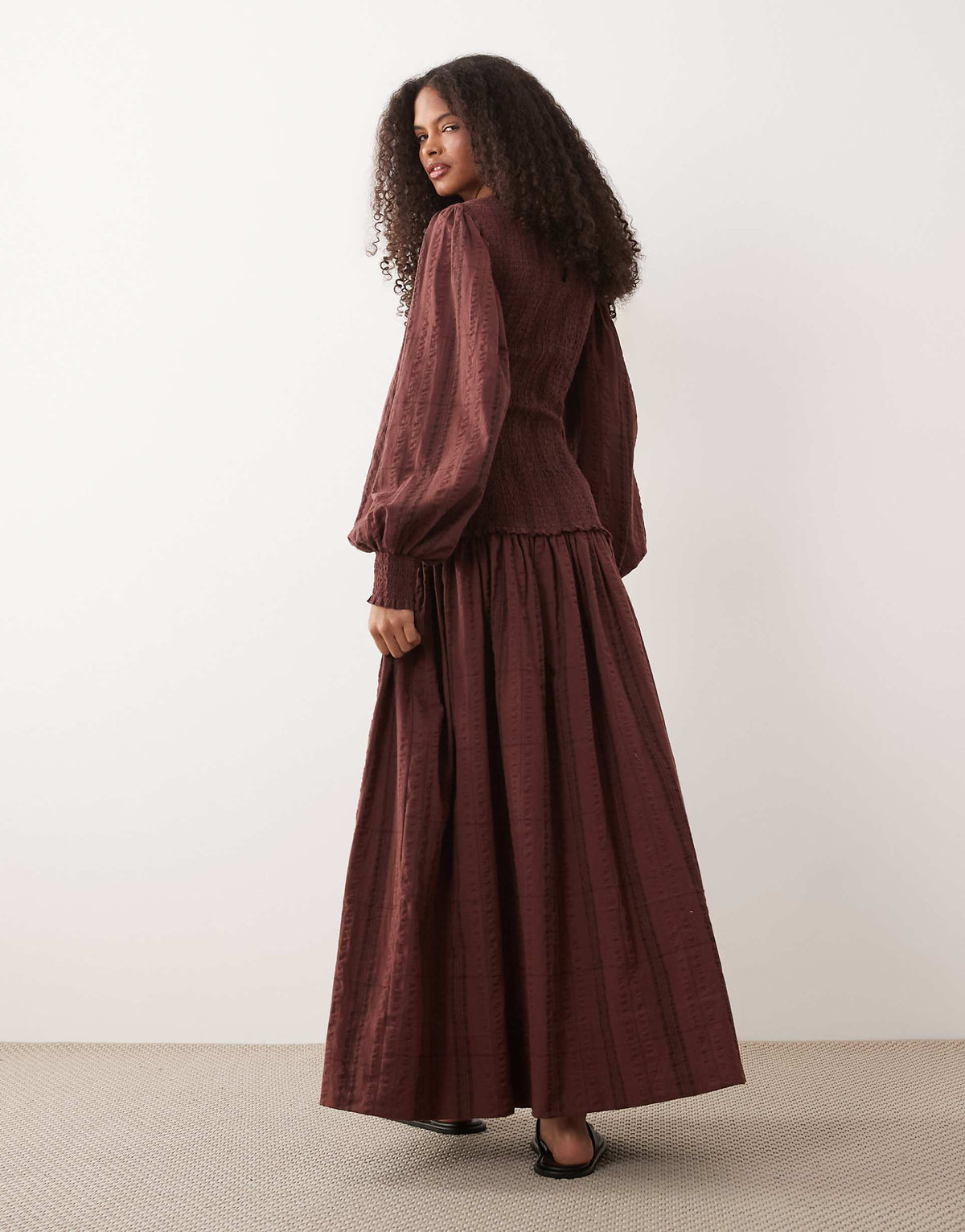 ASOS DESIGN shirred poplin maxi dress in burgundy check