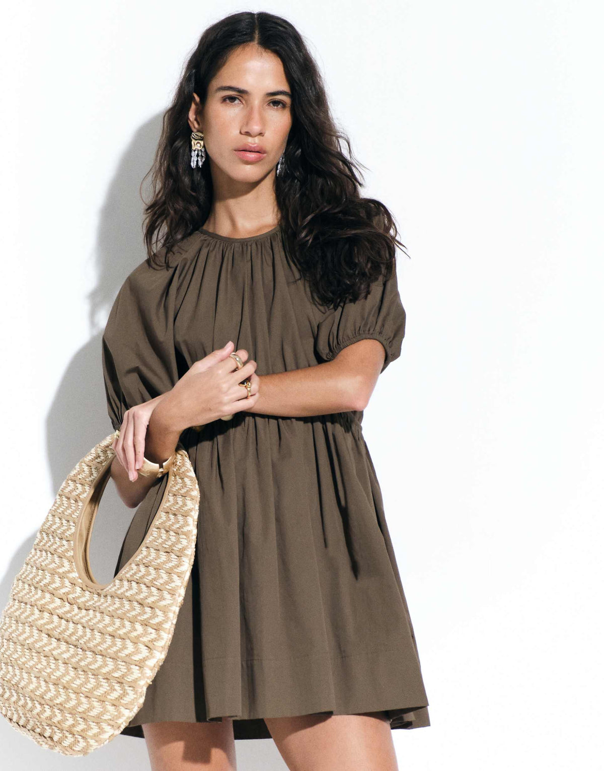 ASOS DESIGN poplin smock mini dress with channel detail in khaki
