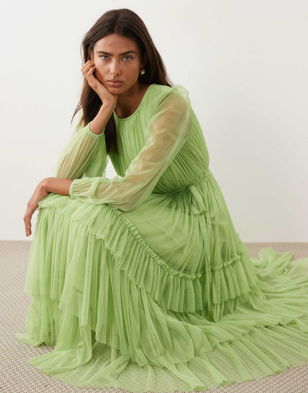 Lace & Beads crew neck tiered midi dress in apple green