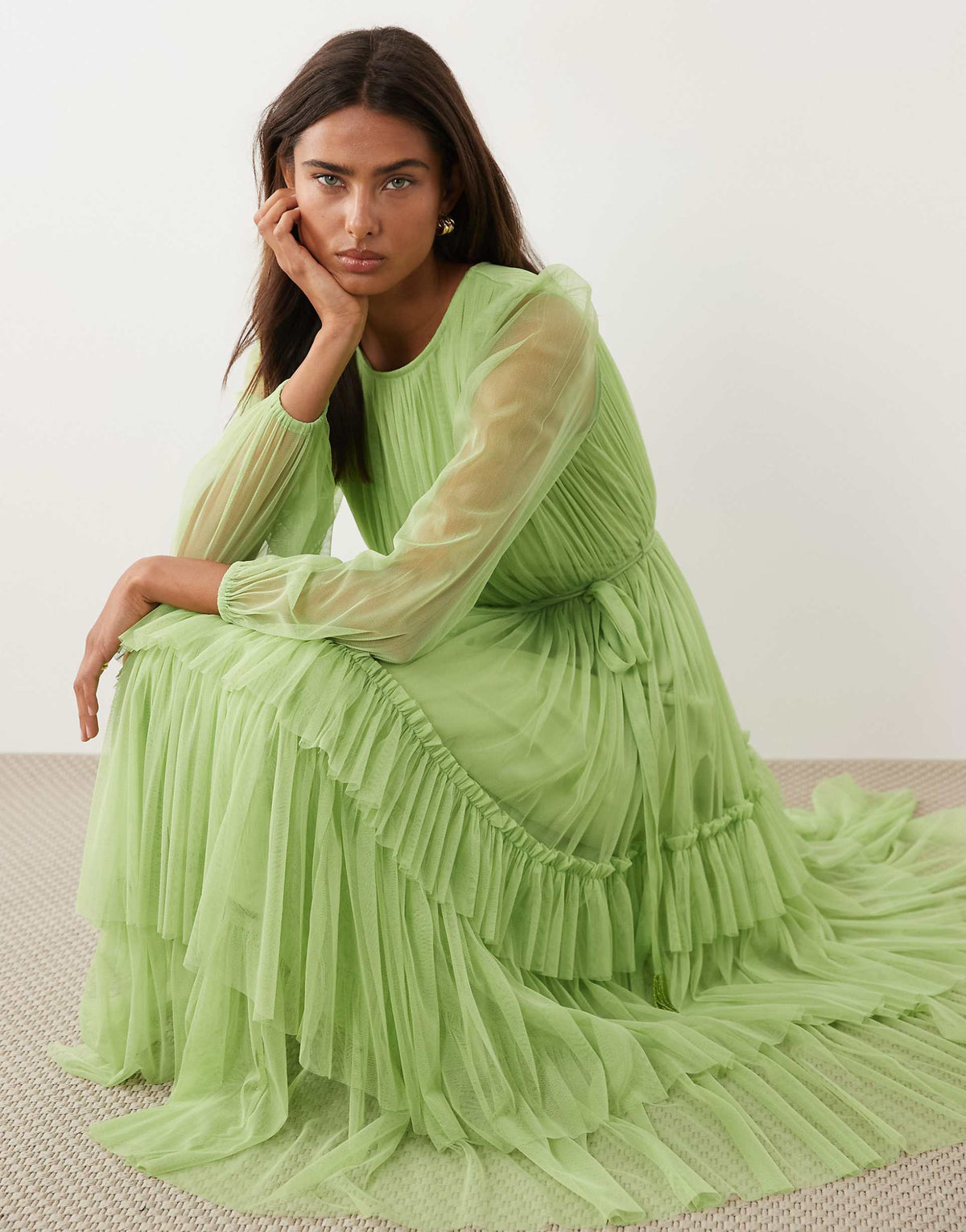Lace & Beads crew neck tiered midi dress in apple green