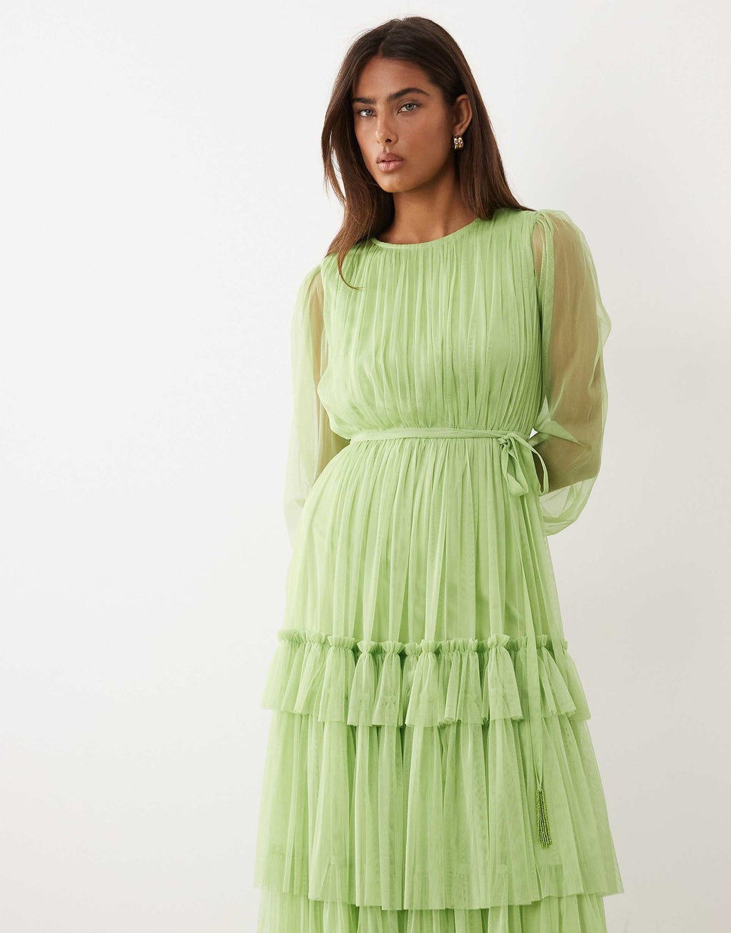 Lace & Beads crew neck tiered midi dress in apple green
