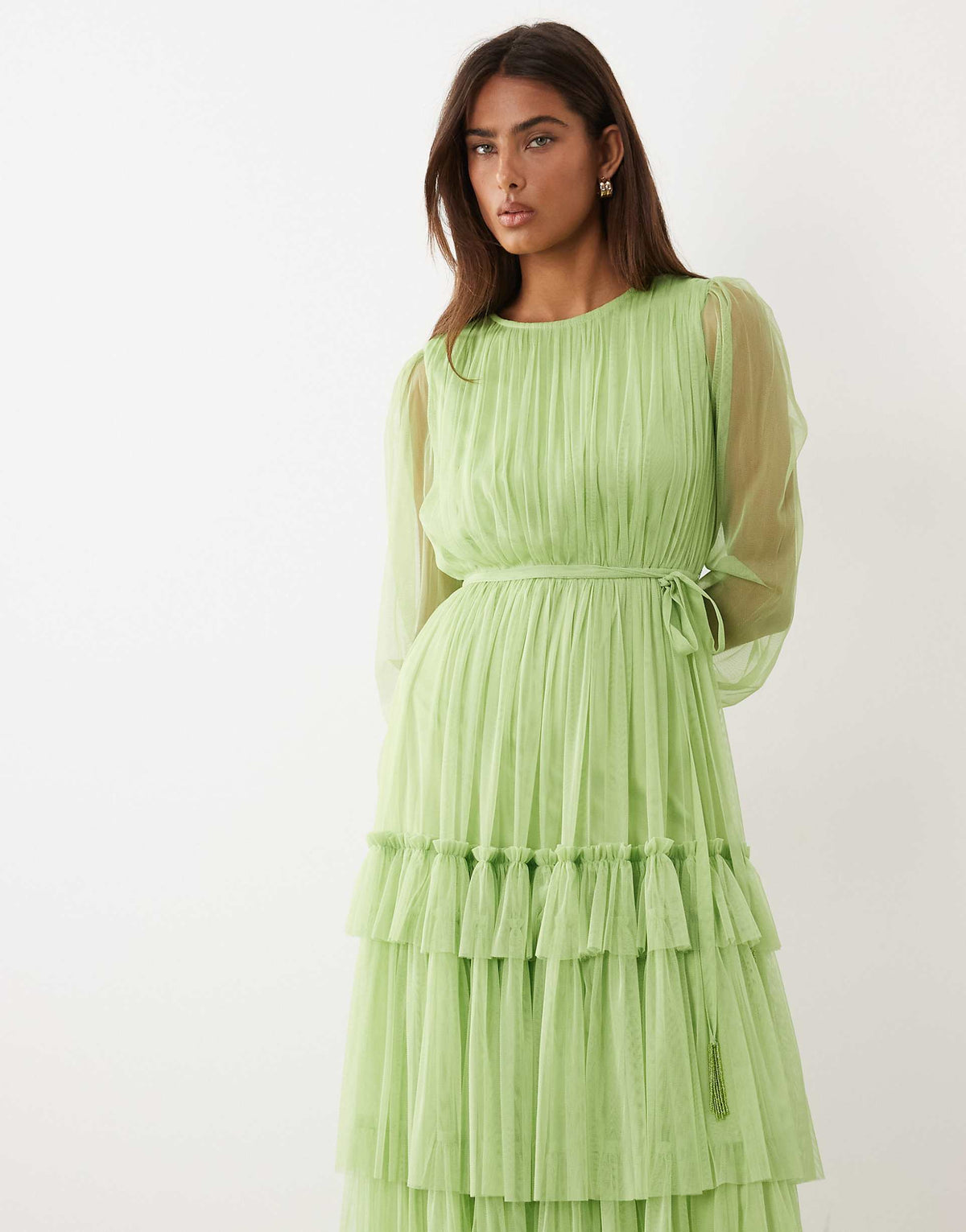 Lace & Beads crew neck tiered midi dress in apple green