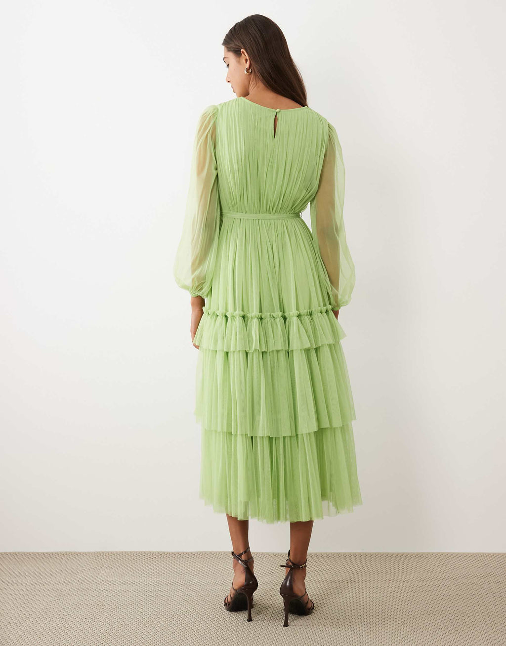 Lace & Beads crew neck tiered midi dress in apple green