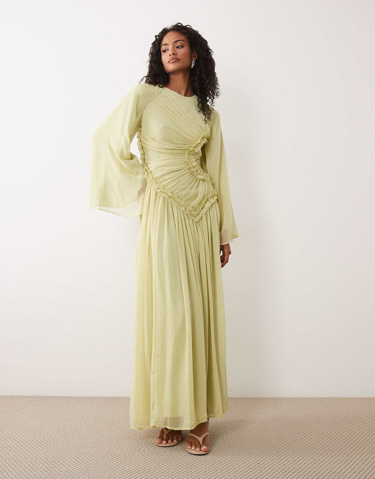 ASOS DESIGN crinkle chiffon gathered maxi dress with micro ruffles in olive green