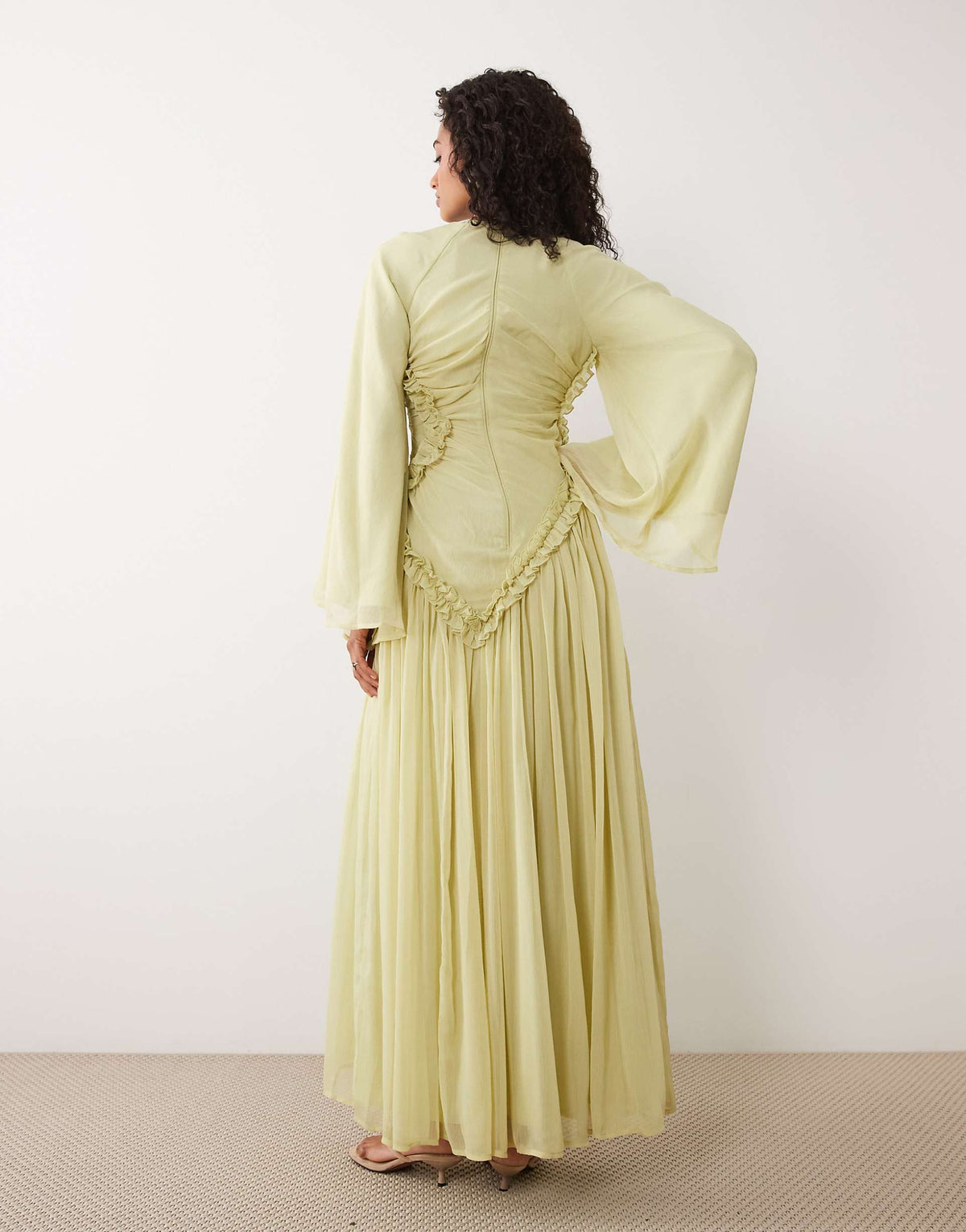 ASOS DESIGN crinkle chiffon gathered maxi dress with micro ruffles in olive green