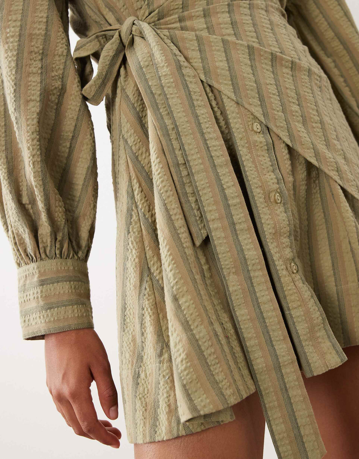 ASOS DESIGN long sleeve blouson tie waist mini shirt dress in khaki stripe