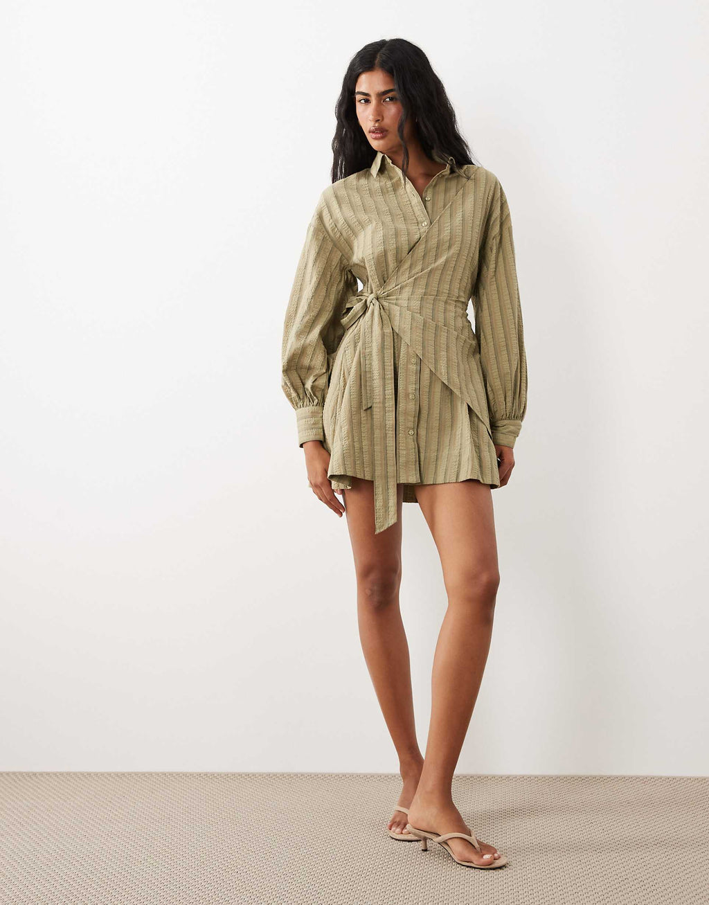 ASOS DESIGN long sleeve blouson tie waist mini shirt dress in khaki stripe