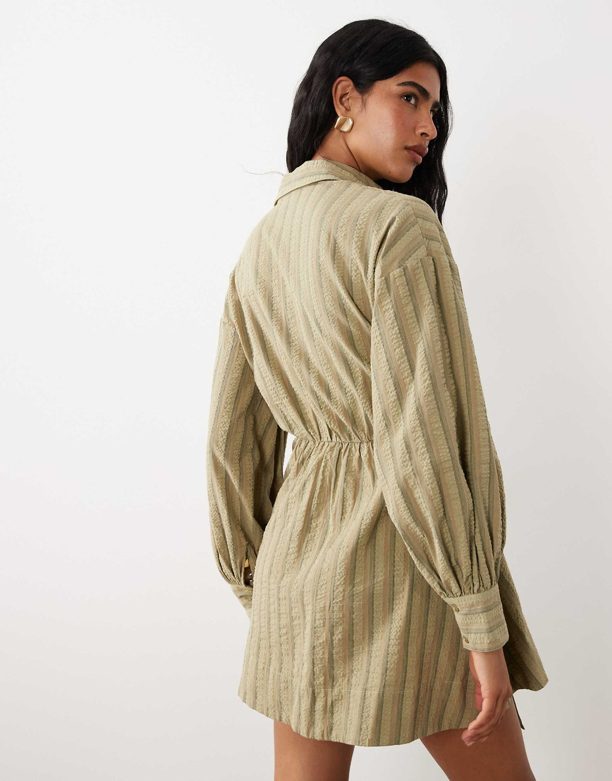 ASOS DESIGN long sleeve blouson tie waist mini shirt dress in khaki stripe