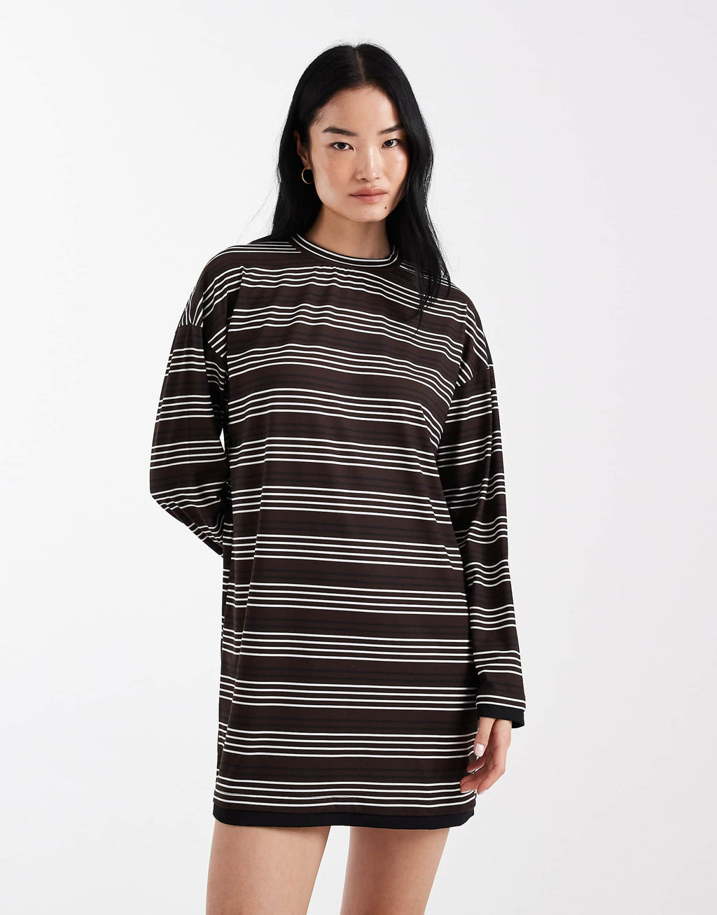 ASOS DESIGN long sleeve double layer mini dress in chocolate stripe
