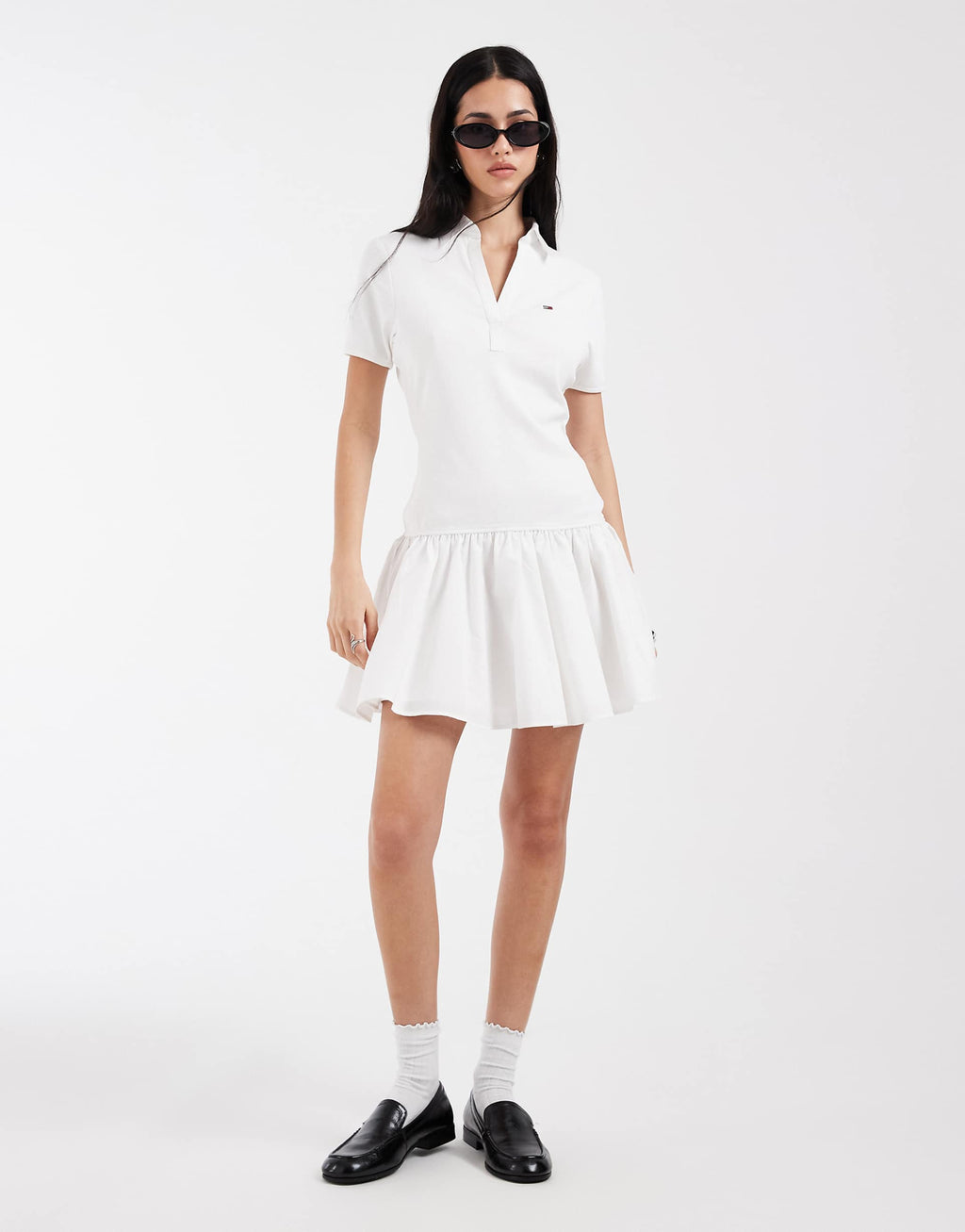 Tommy Jeans ribbed poplin polo dress in white