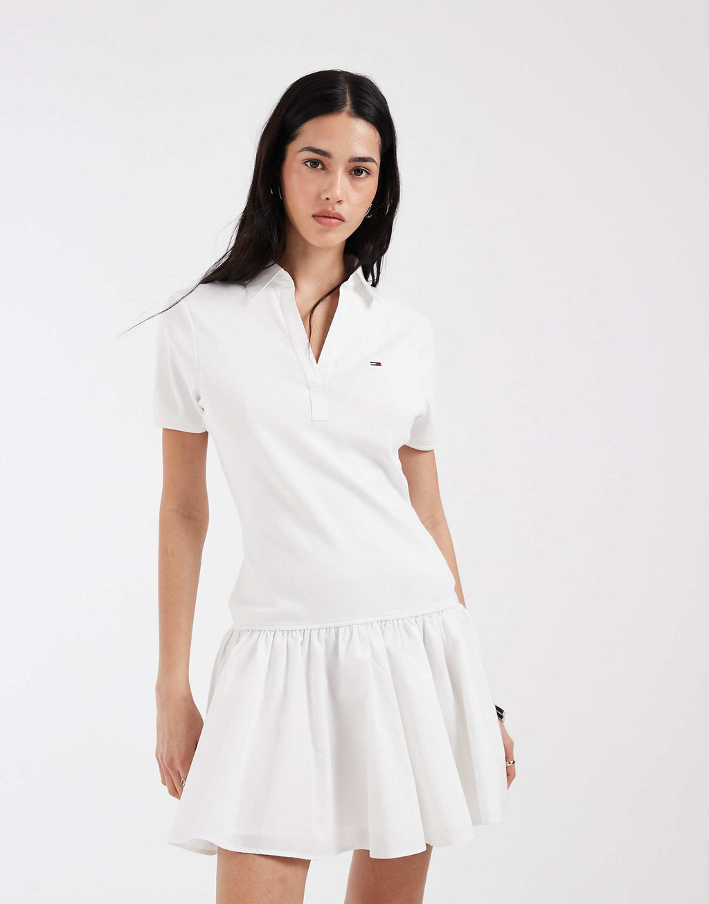 Tommy Jeans ribbed poplin polo dress in white