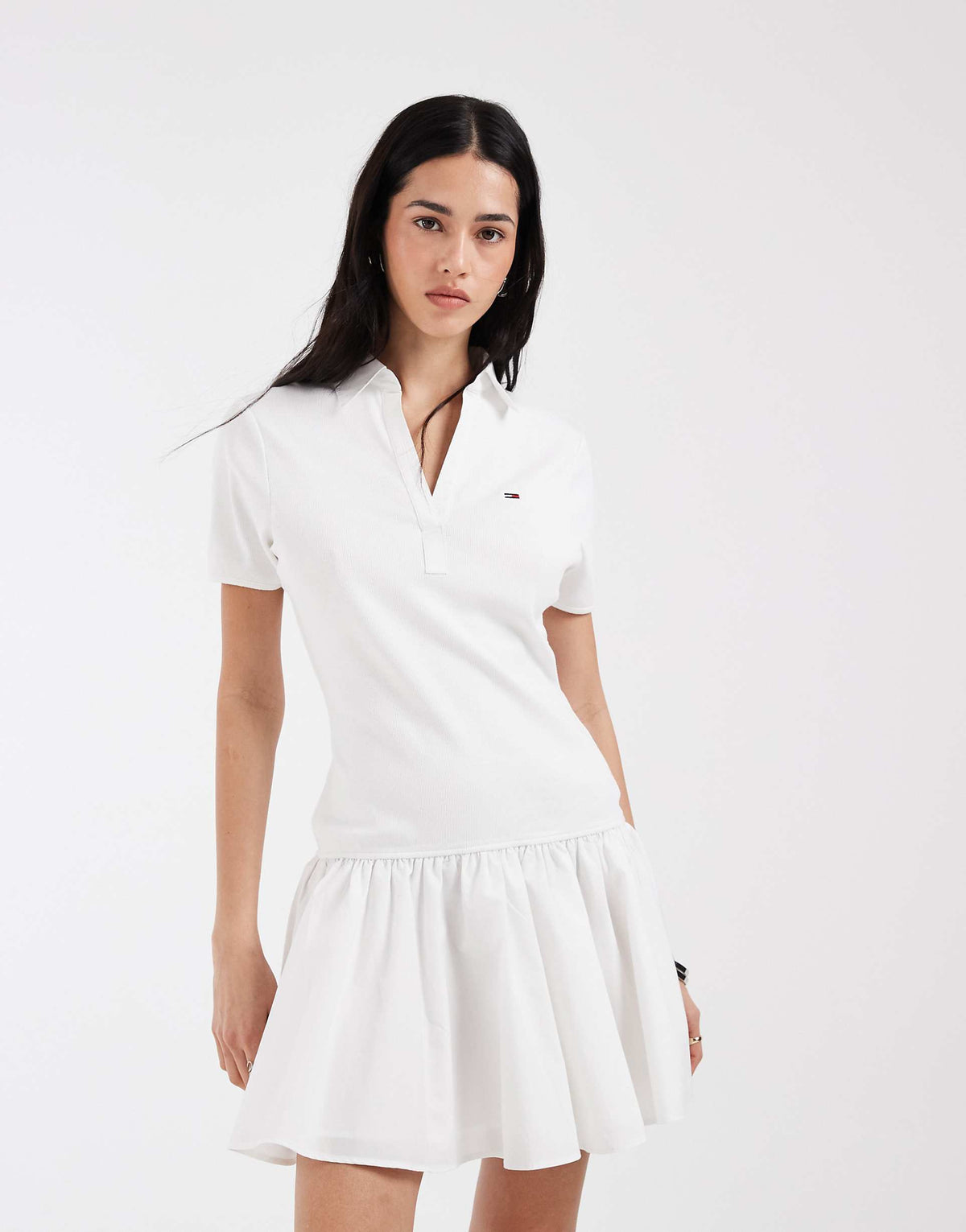 Tommy Jeans ribbed poplin polo dress in white