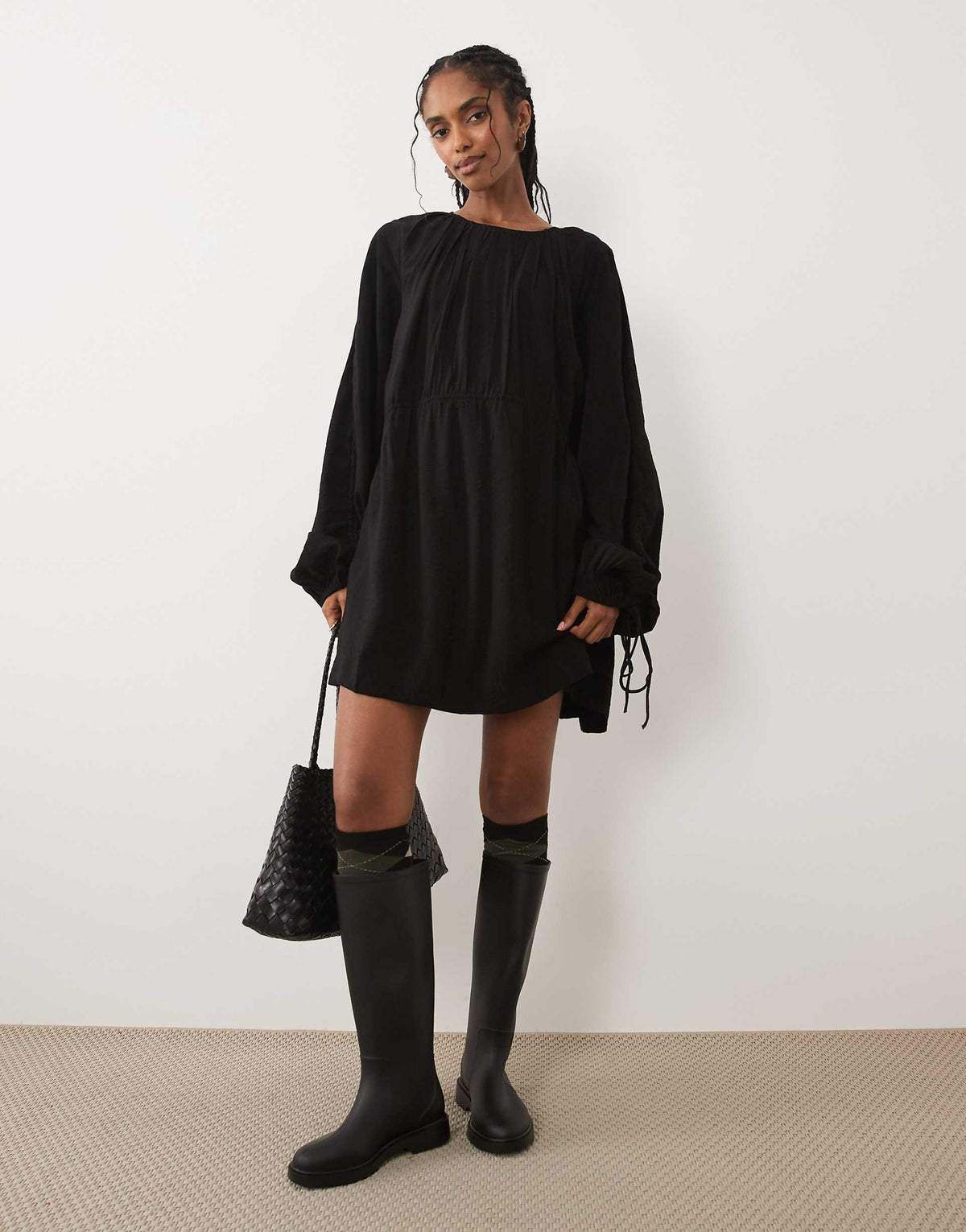 ASOS DESIGN crew neck mini dress with ruched waist channel and blouson sleeves in black