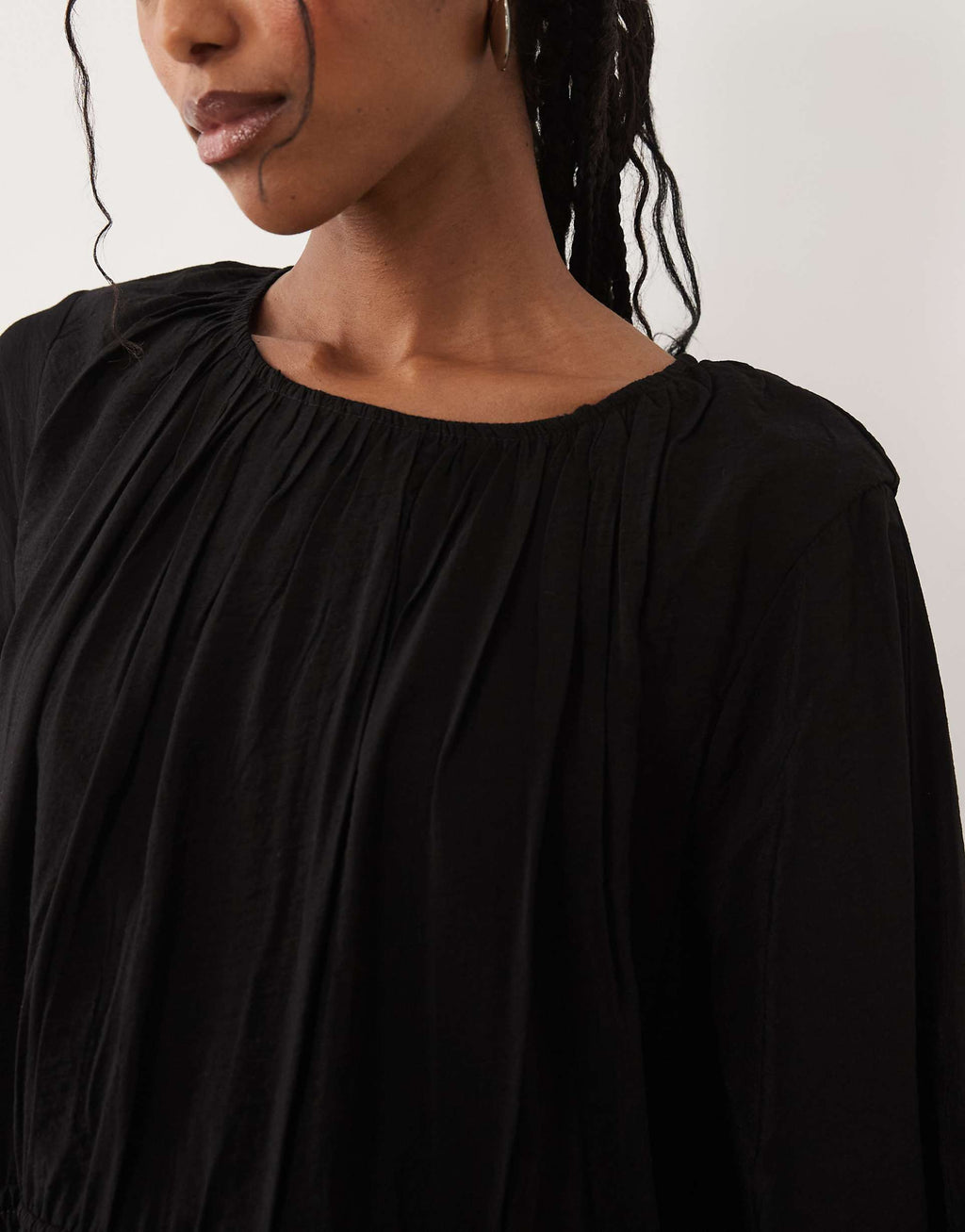 ASOS DESIGN crew neck mini dress with ruched waist channel and blouson sleeves in black