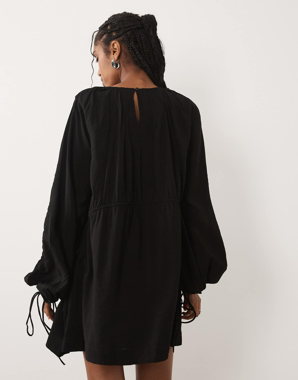 ASOS DESIGN crew neck mini dress with ruched waist channel and blouson sleeves in black