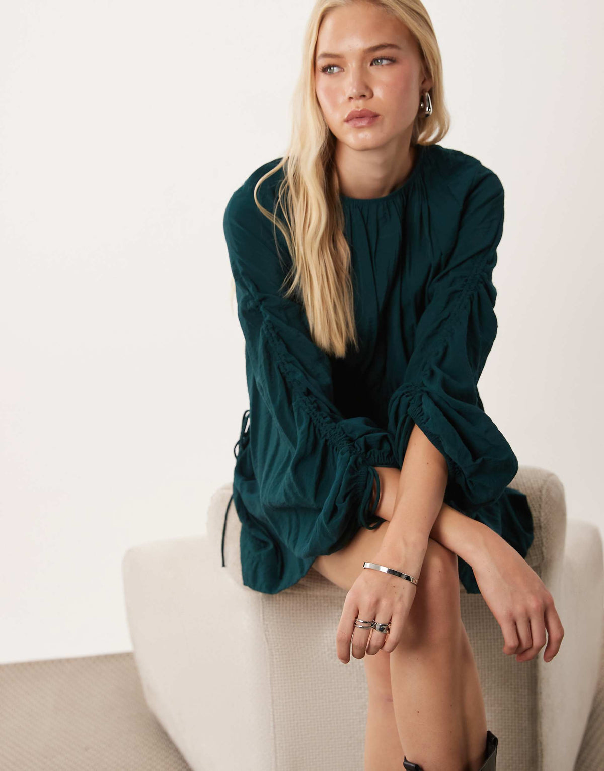 ASOS DESIGN crew neck mini dress with ruched waist channel and blouson sleeves in deep teal