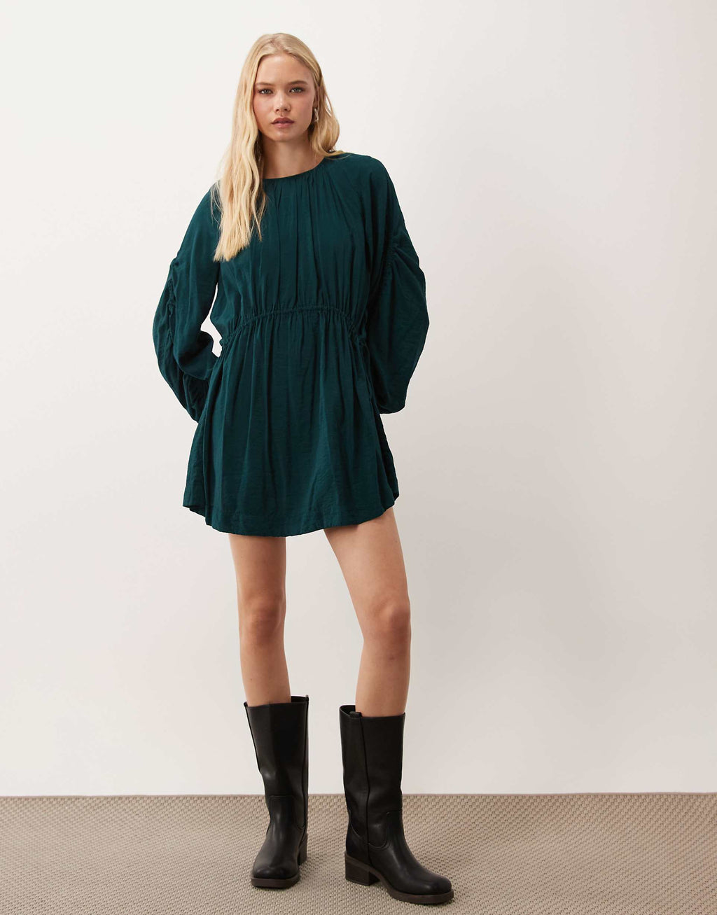 ASOS DESIGN crew neck mini dress with ruched waist channel and blouson sleeves in deep teal