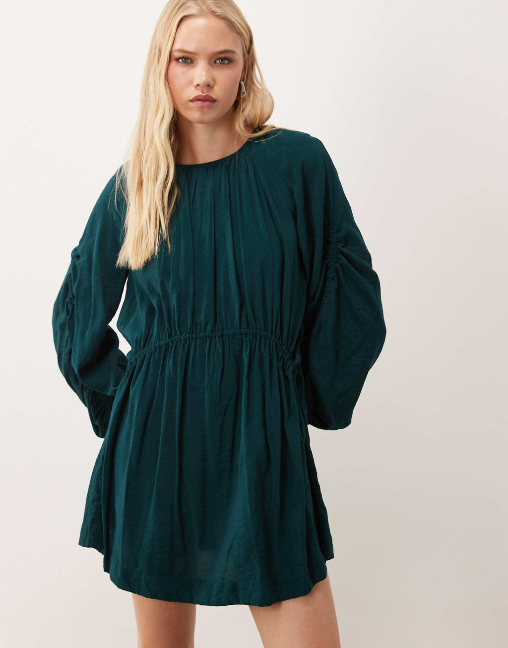 ASOS DESIGN crew neck mini dress with ruched waist channel and blouson sleeves in deep teal