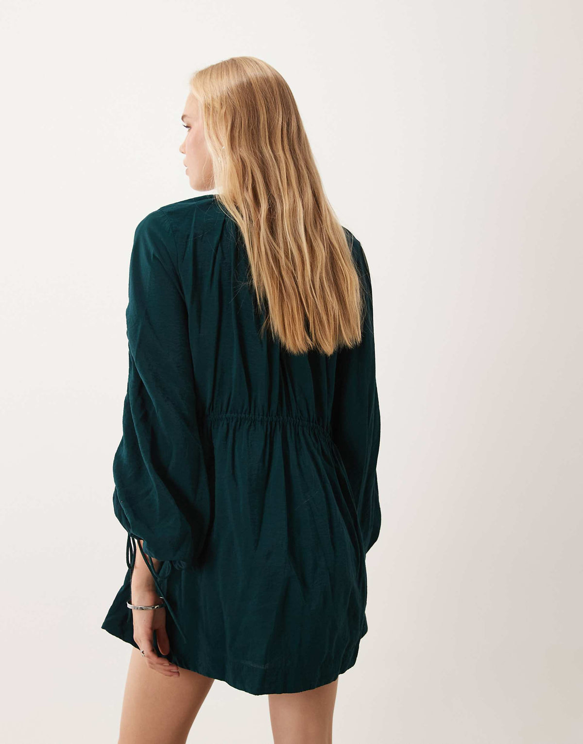ASOS DESIGN crew neck mini dress with ruched waist channel and blouson sleeves in deep teal