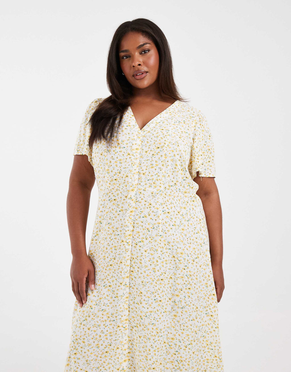 Vero Moda Curve button down maxi dress in white and yellow ditsy floral print