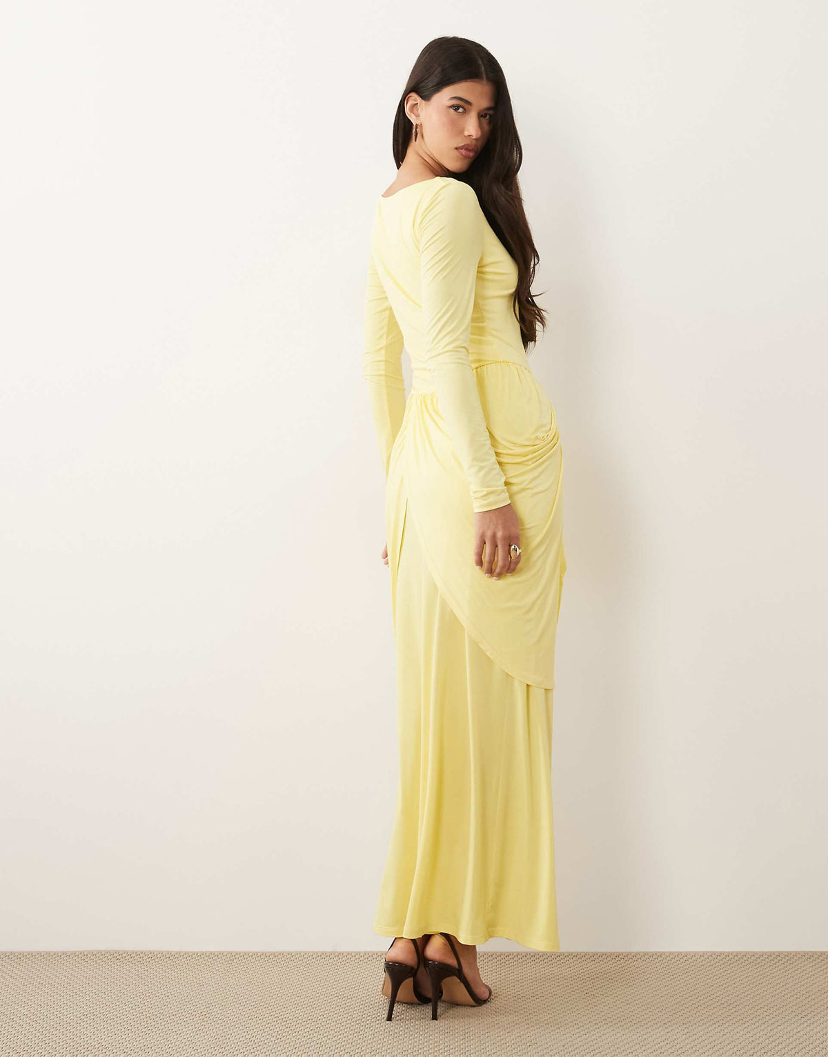 Daska boat neck long sleeve draped skirt maxi dress in yellow