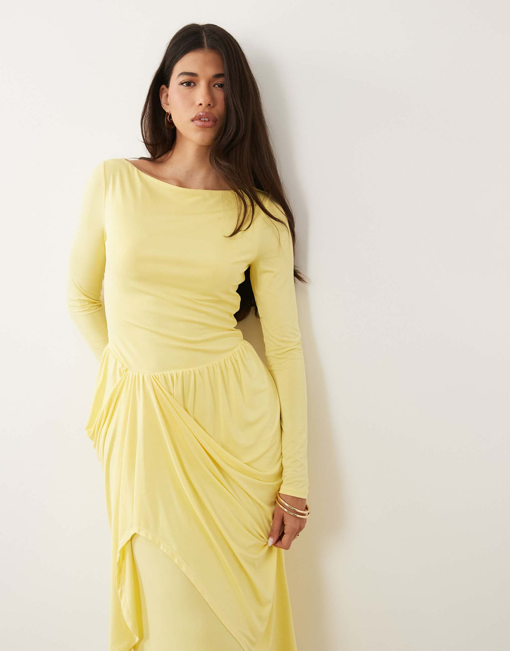 Daska boat neck long sleeve draped skirt maxi dress in yellow