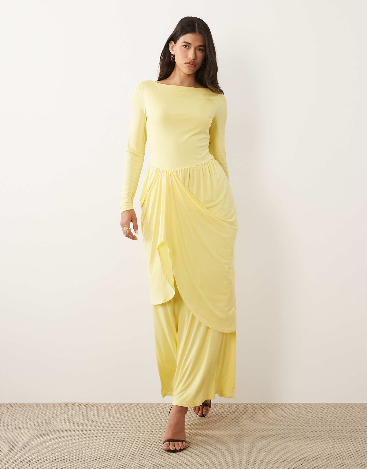 Daska boat neck long sleeve draped skirt maxi dress in yellow