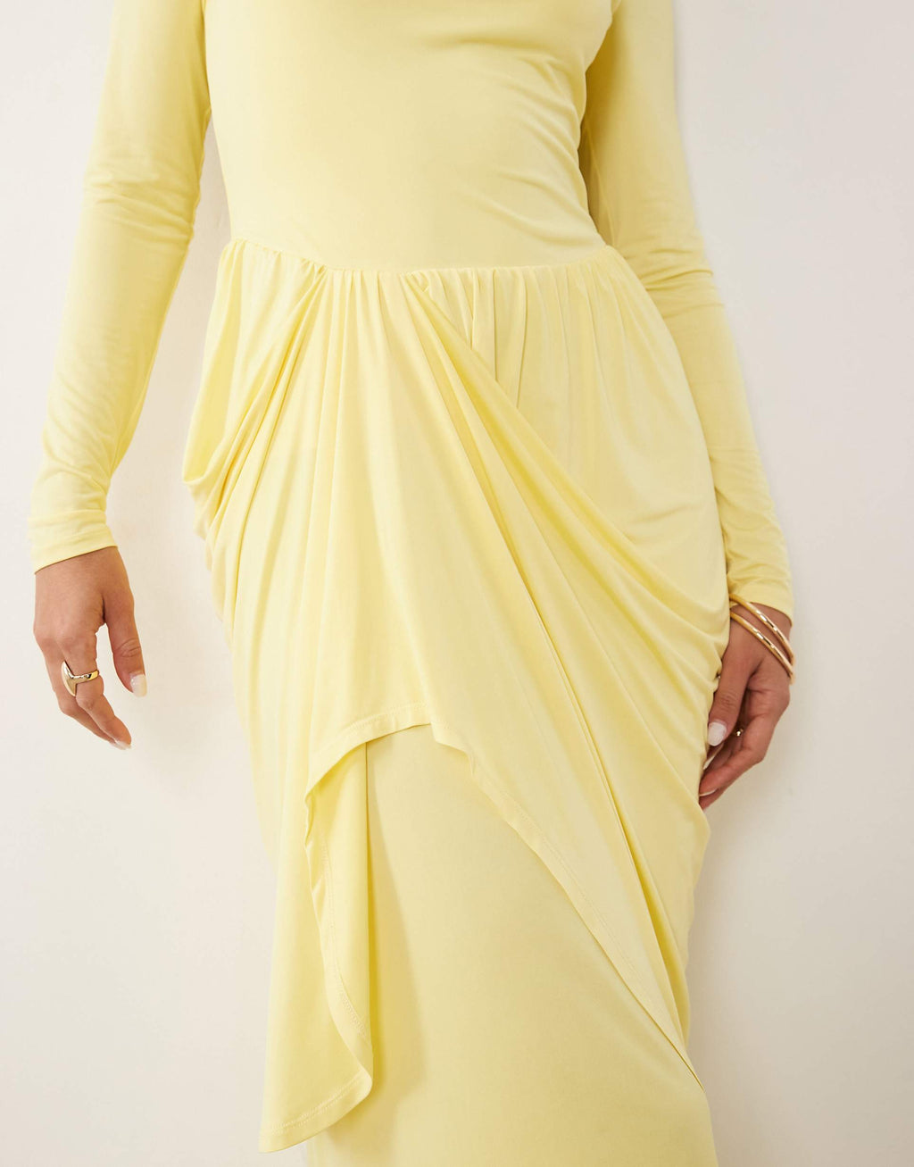 Daska boat neck long sleeve draped skirt maxi dress in yellow
