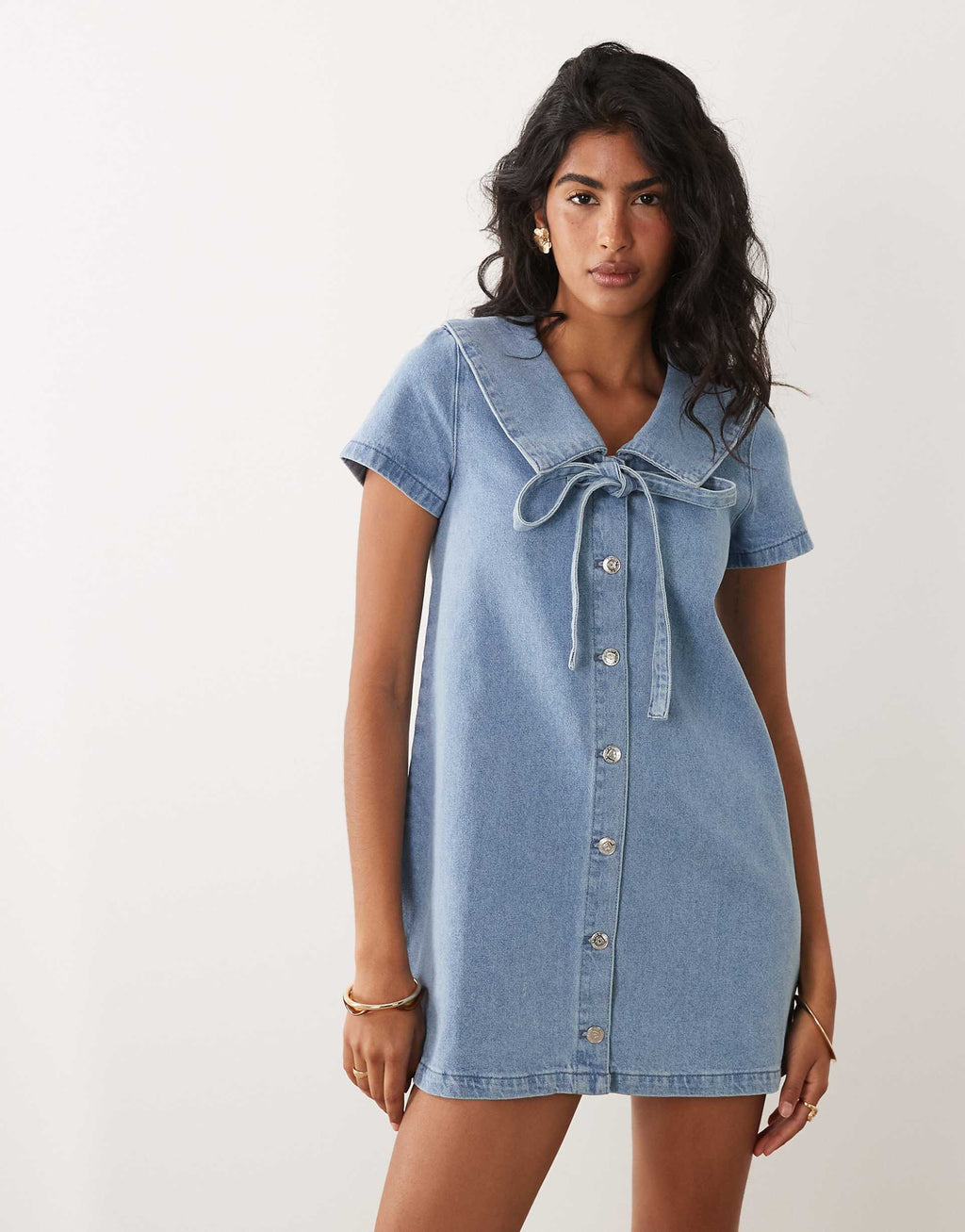 Miss Selfridge collared denim mini dress with tie detail in blue wash