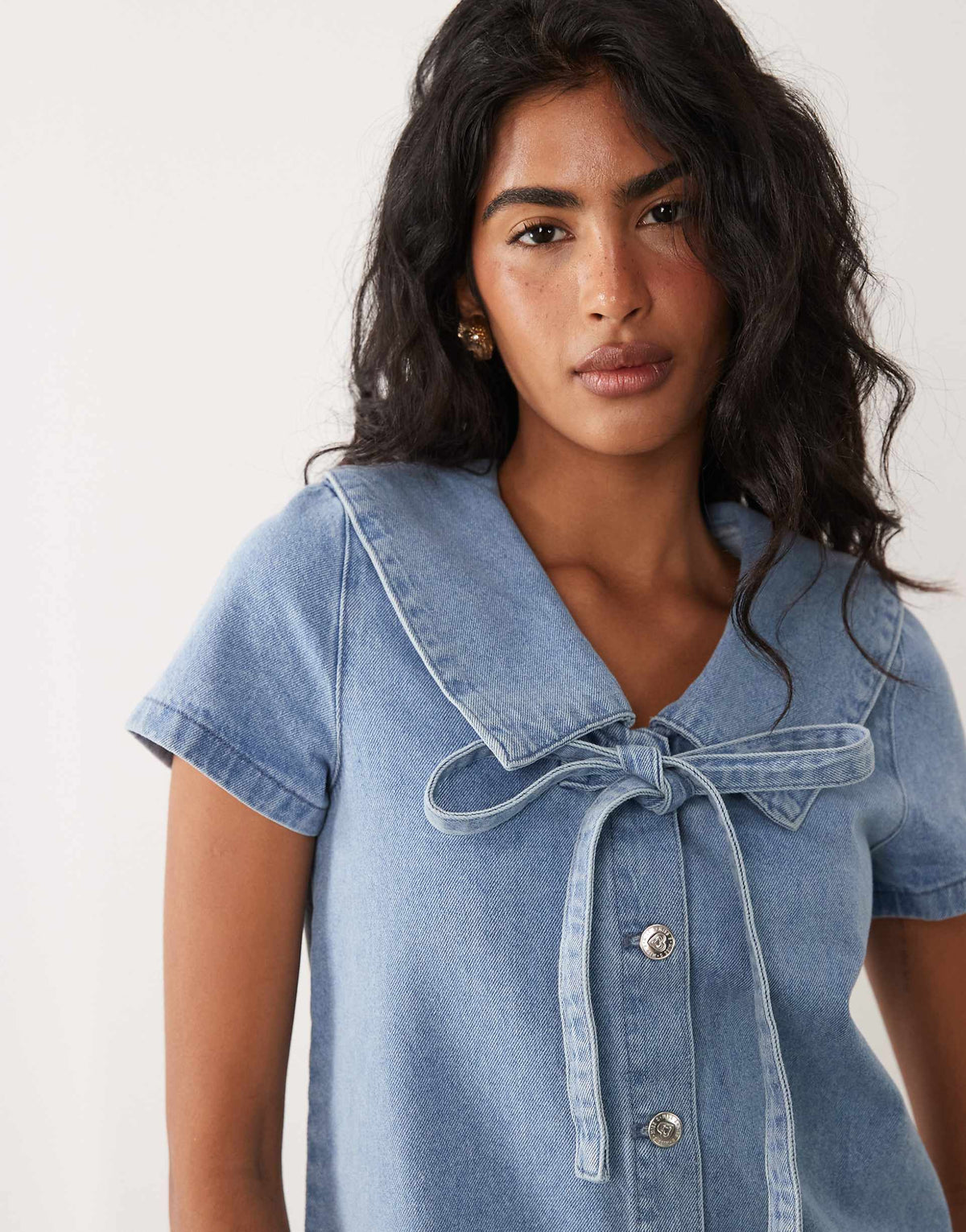 Miss Selfridge collared denim mini dress with tie detail in blue wash