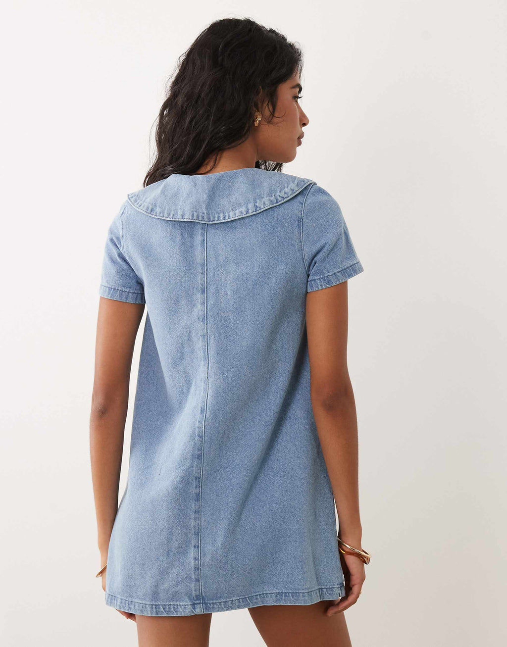 Miss Selfridge collared denim mini dress with tie detail in blue wash