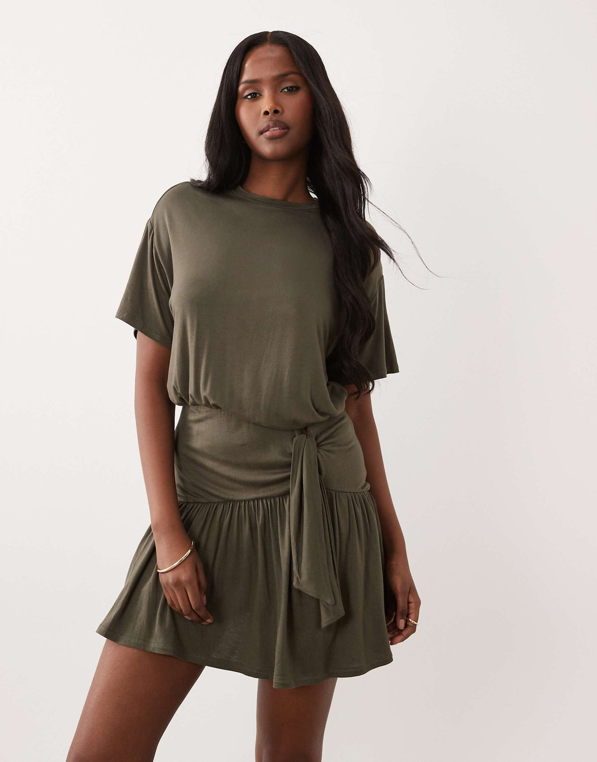 ASOS DESIGN peplum hem mini dress with tied knot detail in khaki green