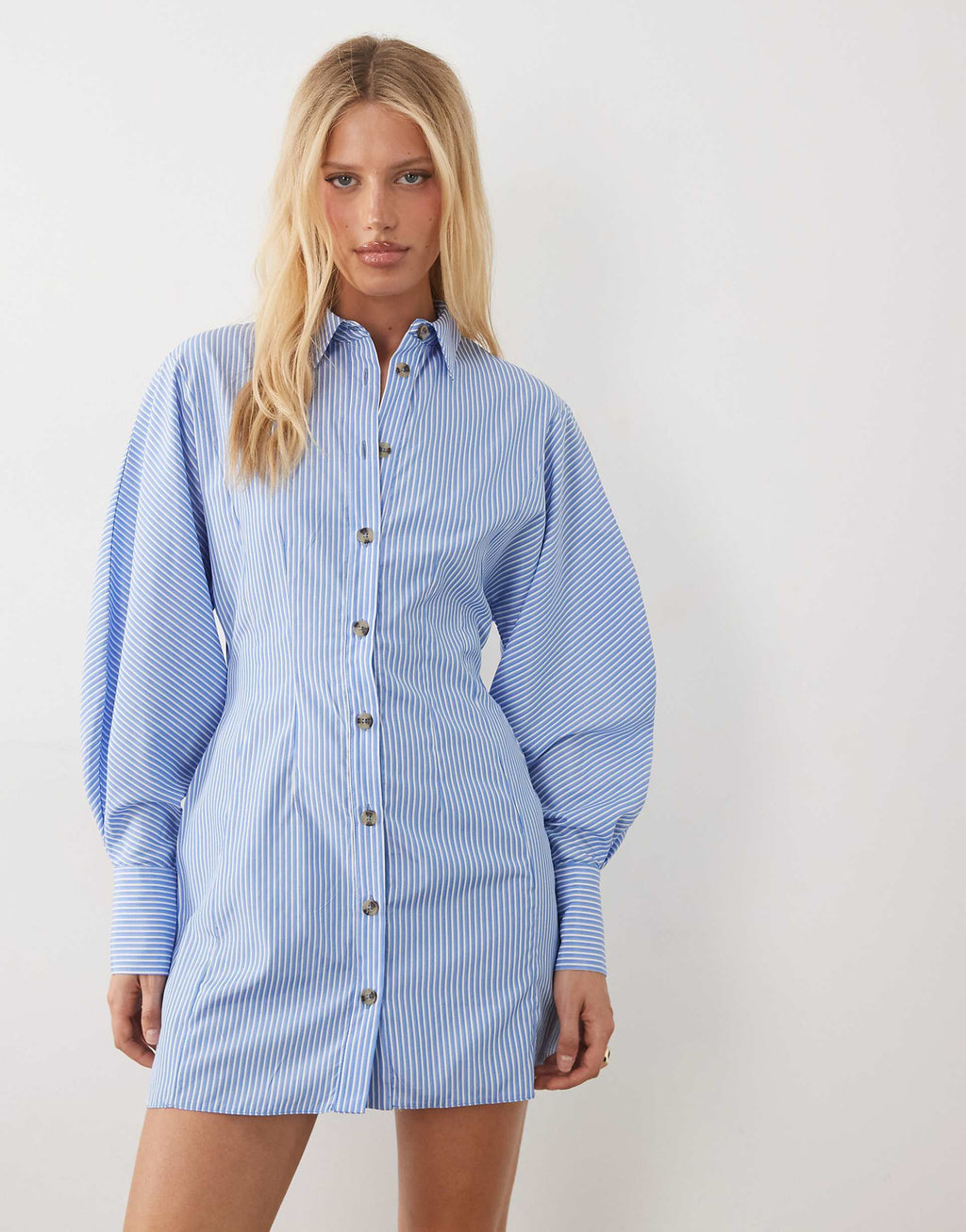 ASOS DESIGN mini shirt dress with cinched waist in blue stripes