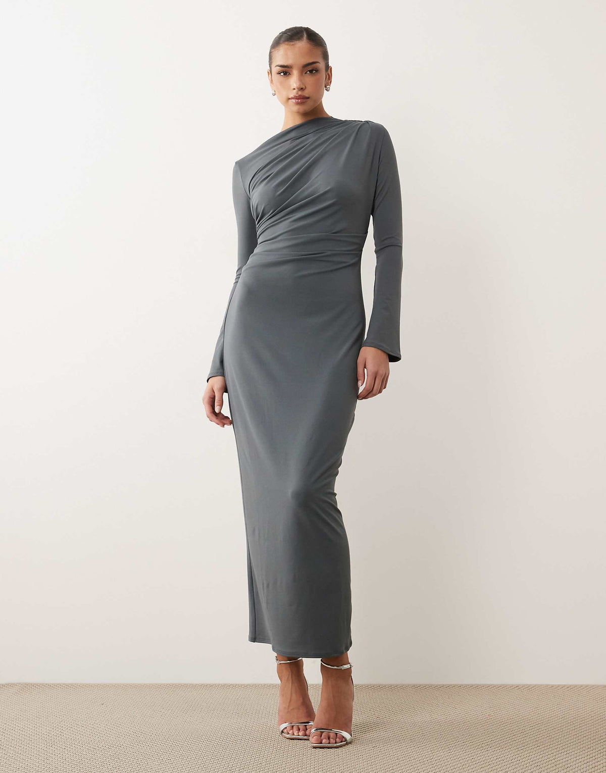 ASOS DESIGN asymmetric drape slash neck maxi dress in slate gray