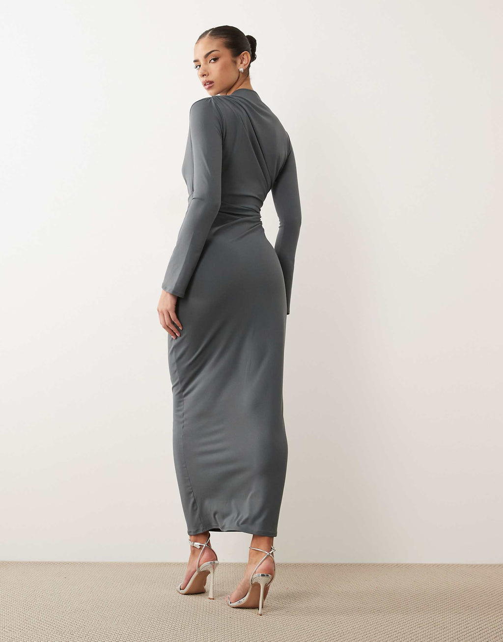 ASOS DESIGN asymmetric drape slash neck maxi dress in slate gray