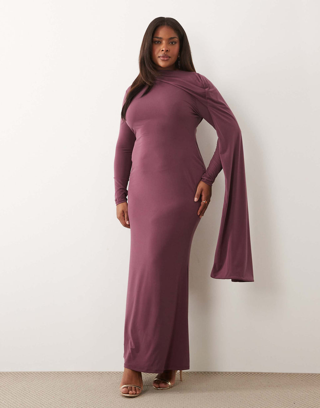 ASOS DESIGN Curve slinky long sleeve maxi dress with extreme cape shoulder detail in mauve