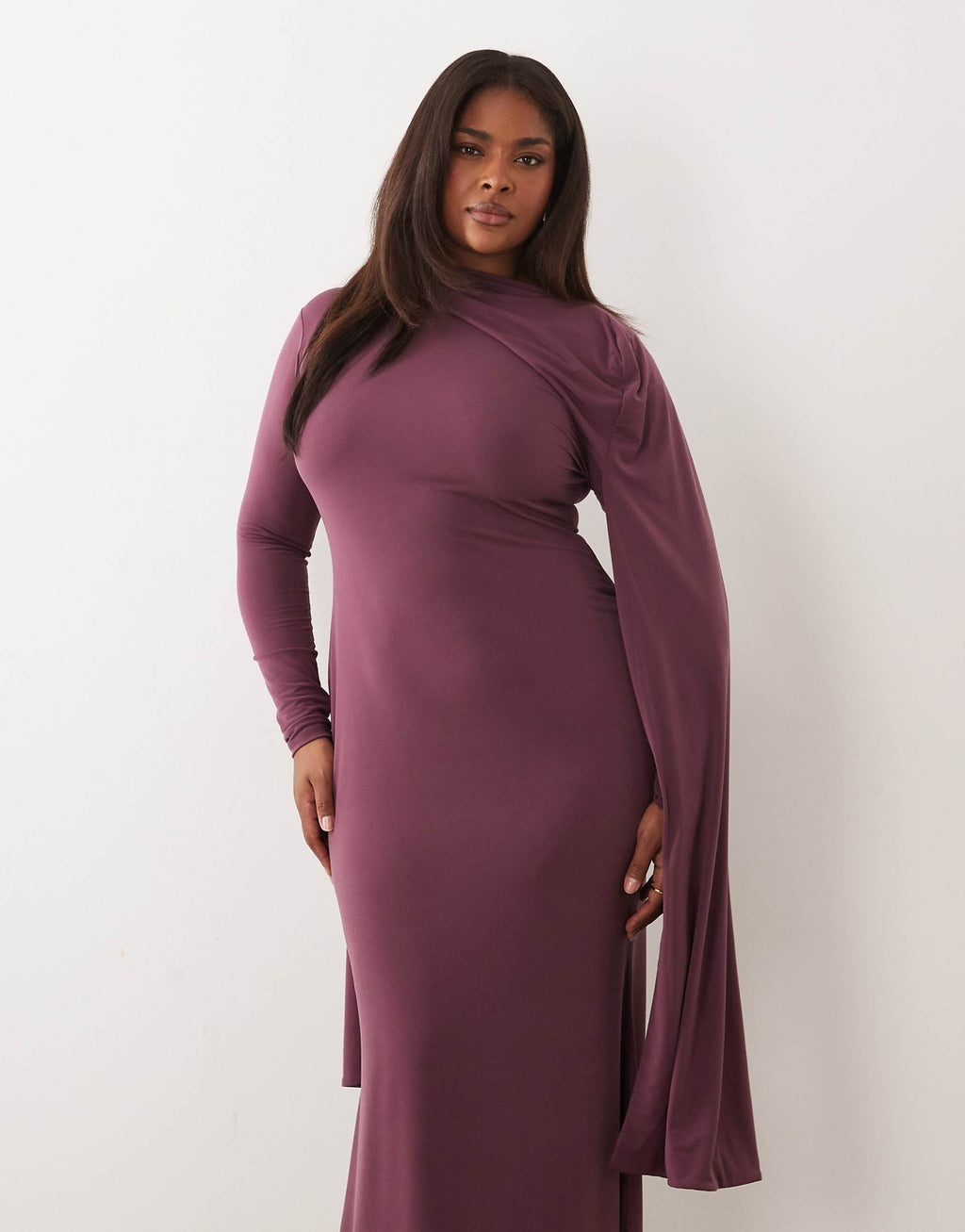 ASOS DESIGN Curve slinky long sleeve maxi dress with extreme cape shoulder detail in mauve