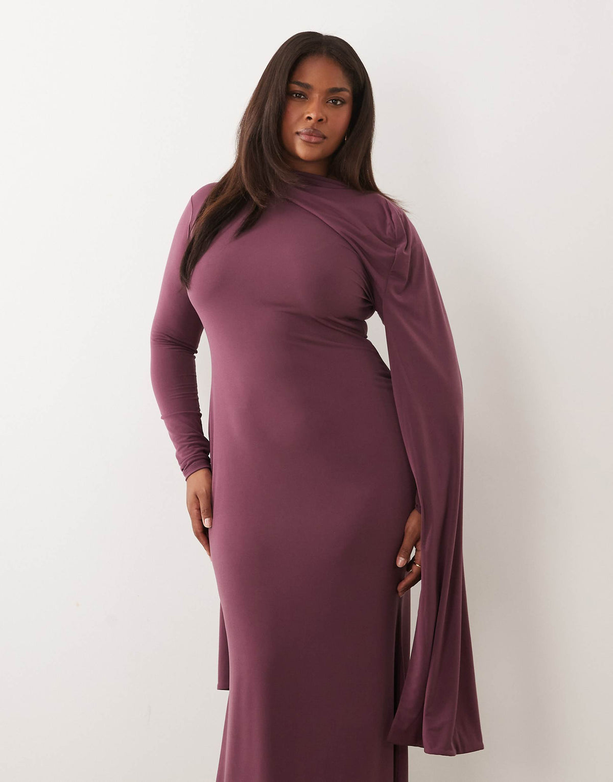 ASOS DESIGN Curve slinky long sleeve maxi dress with extreme cape shoulder detail in mauve