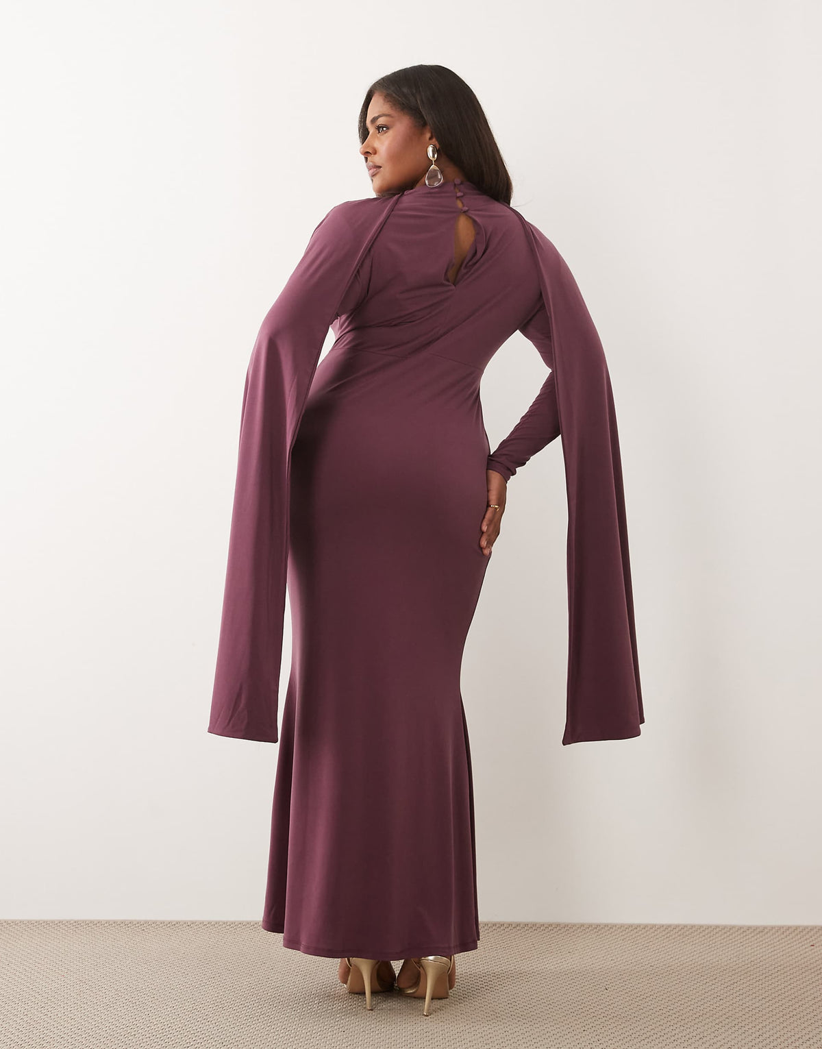 ASOS DESIGN Curve slinky long sleeve maxi dress with extreme cape shoulder detail in mauve