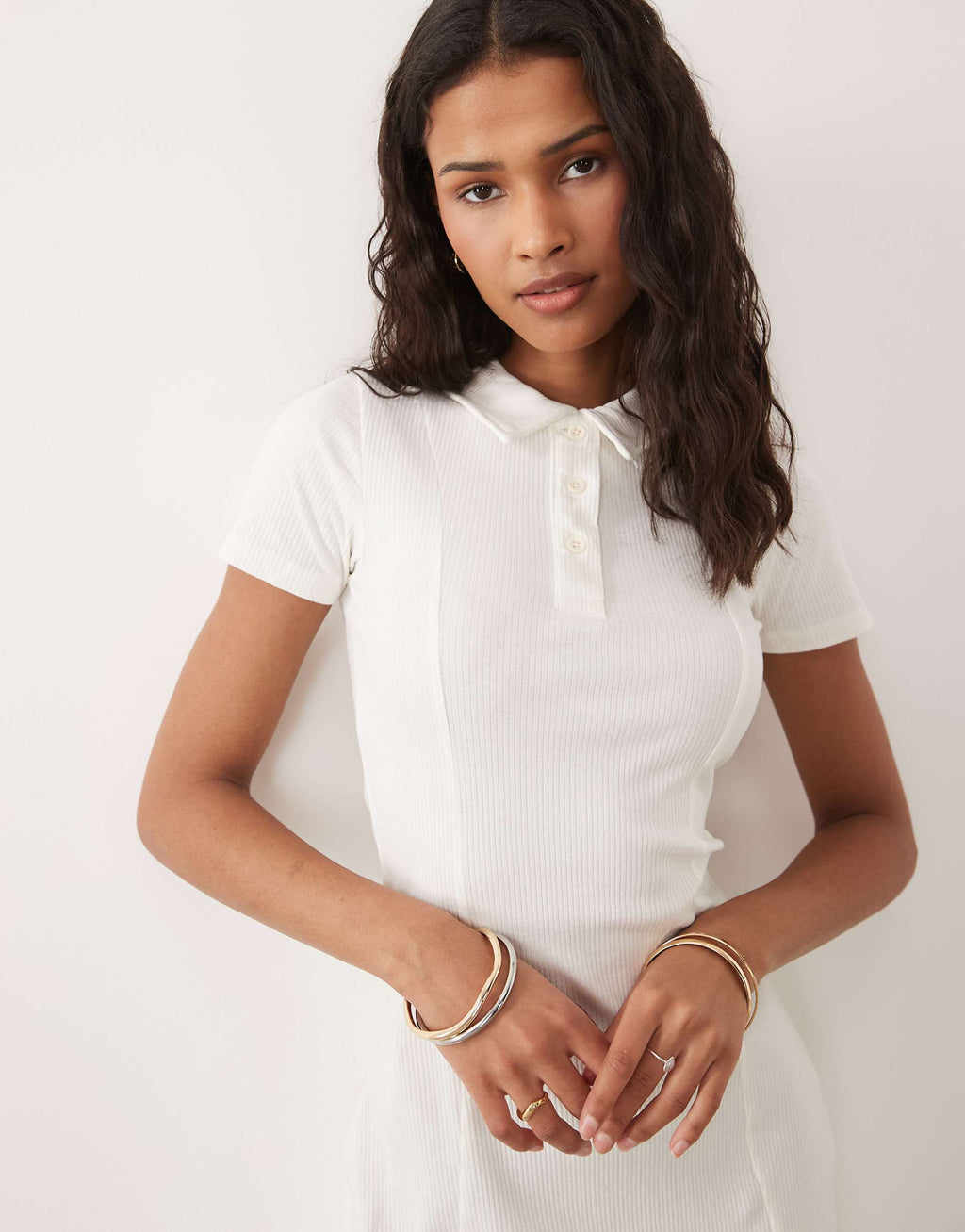 Brave Soul short sleeve mini shirt dress in cream