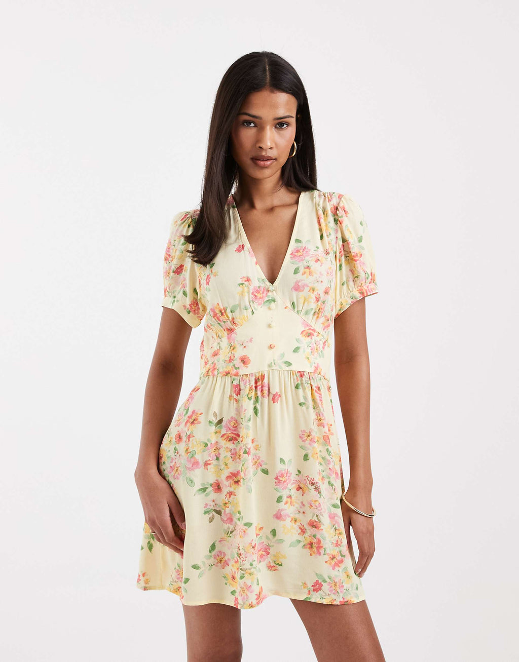 Vero Moda button front detail tea style mini dress in yellow based floral print