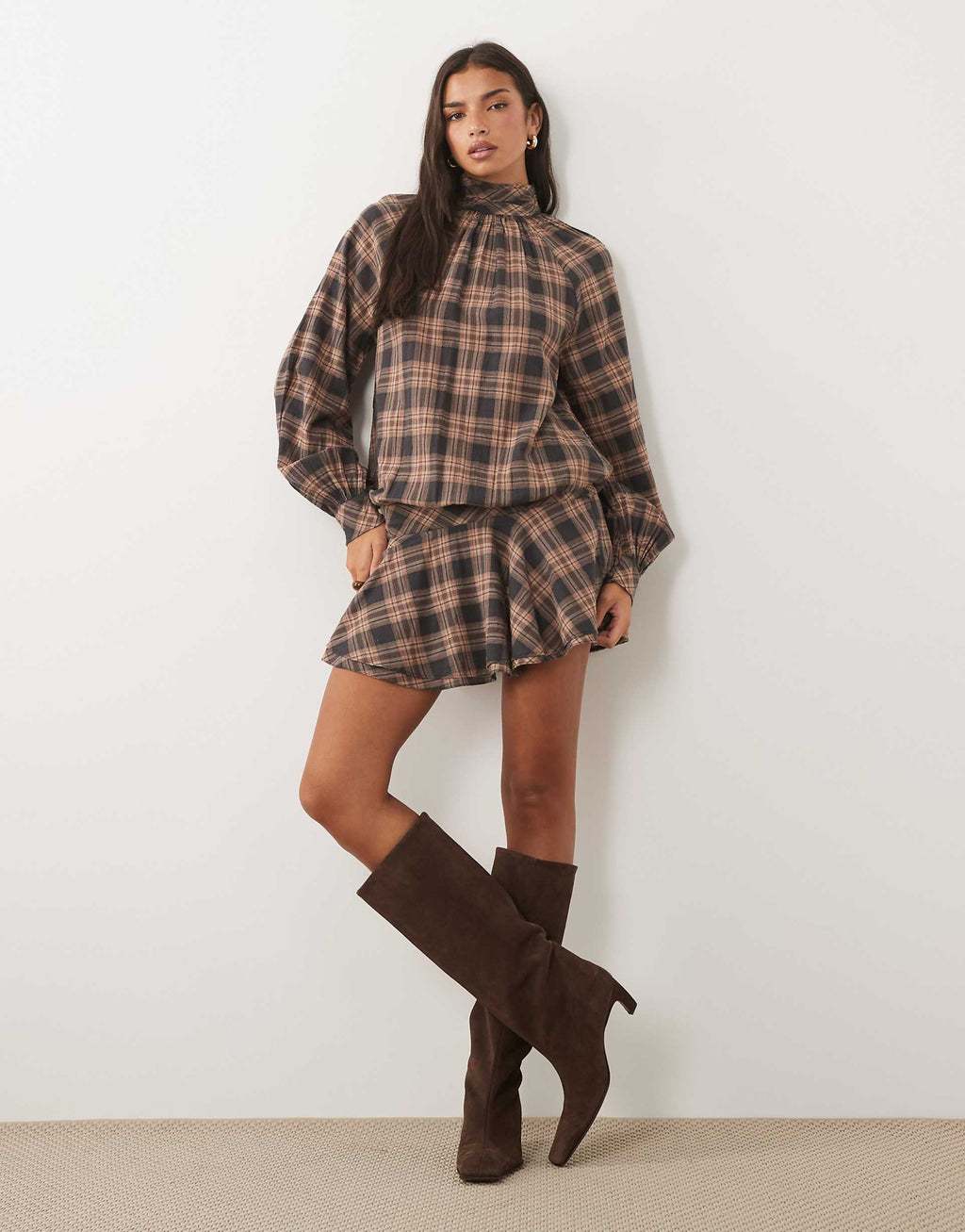 ASOS DESIGN high neck mini dress with dropped waist in tan plaid