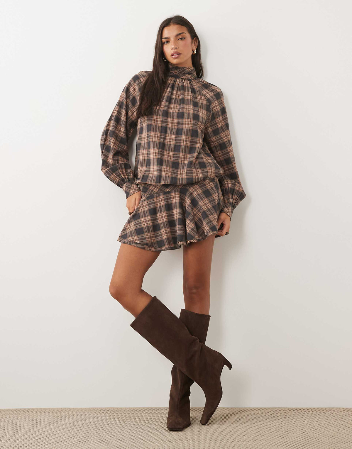 ASOS DESIGN high neck mini dress with dropped waist in tan plaid