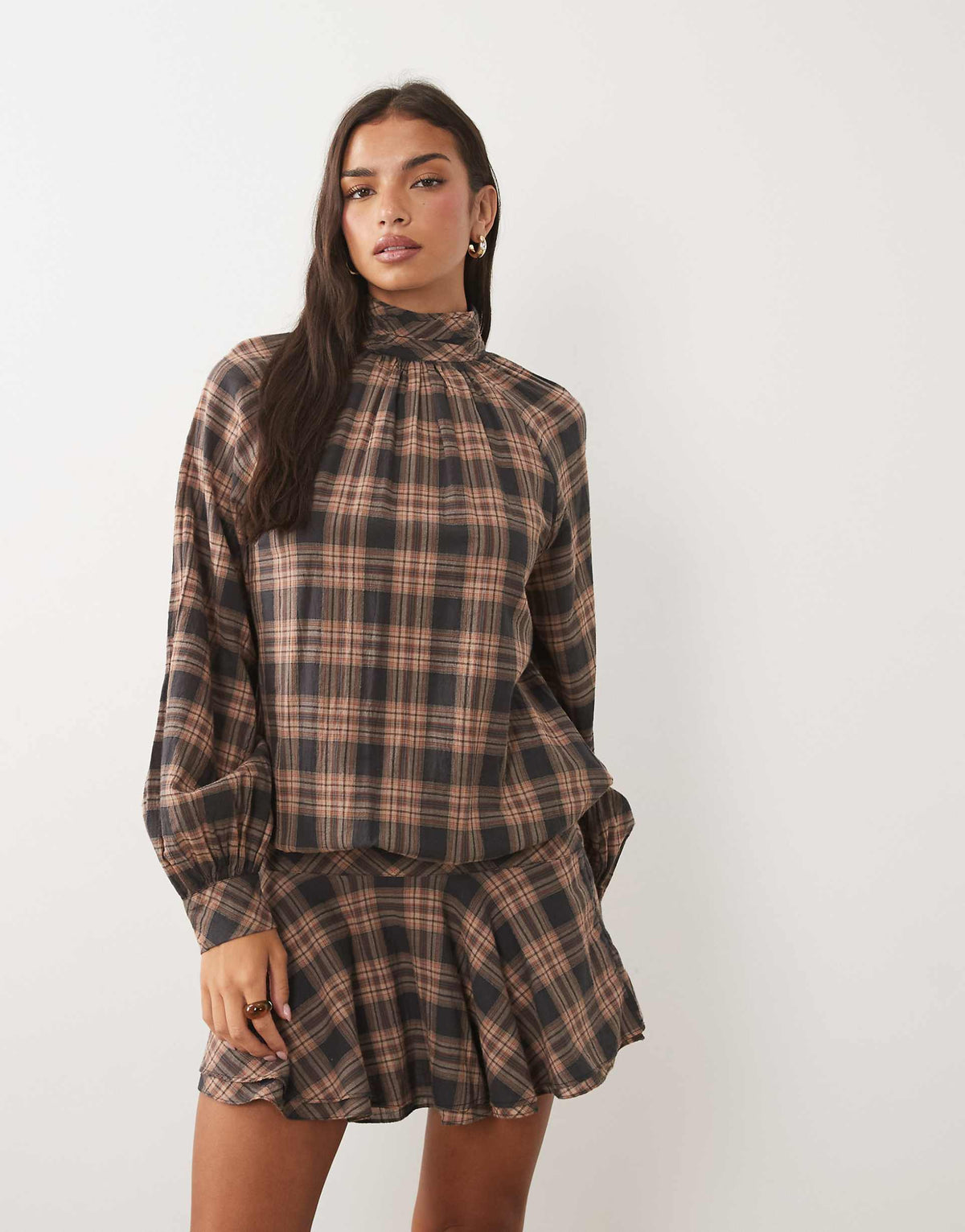 ASOS DESIGN high neck mini dress with dropped waist in tan plaid