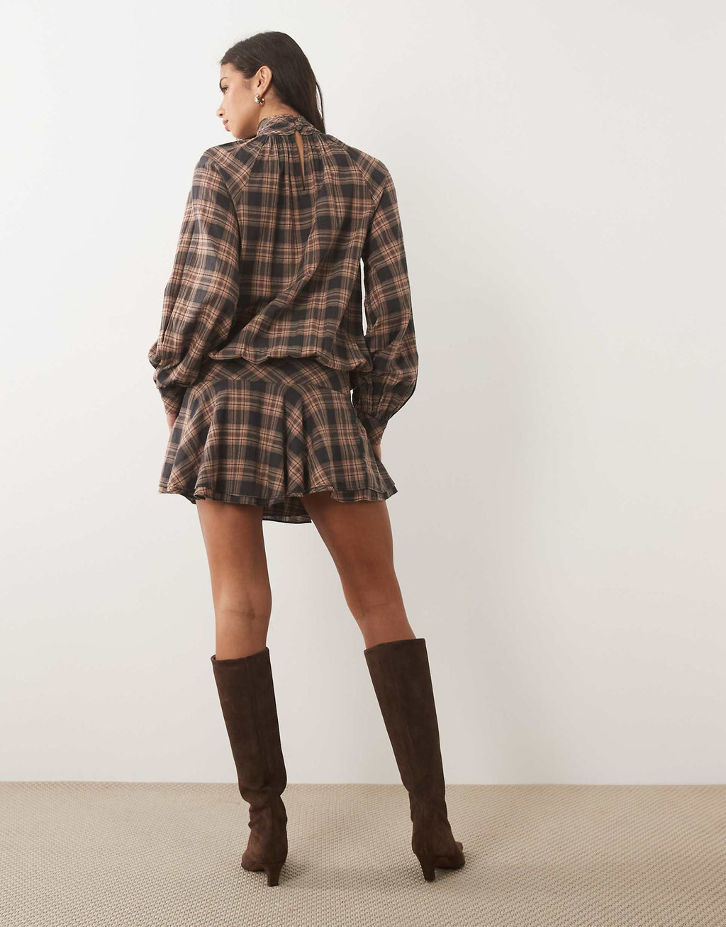 ASOS DESIGN high neck mini dress with dropped waist in tan plaid