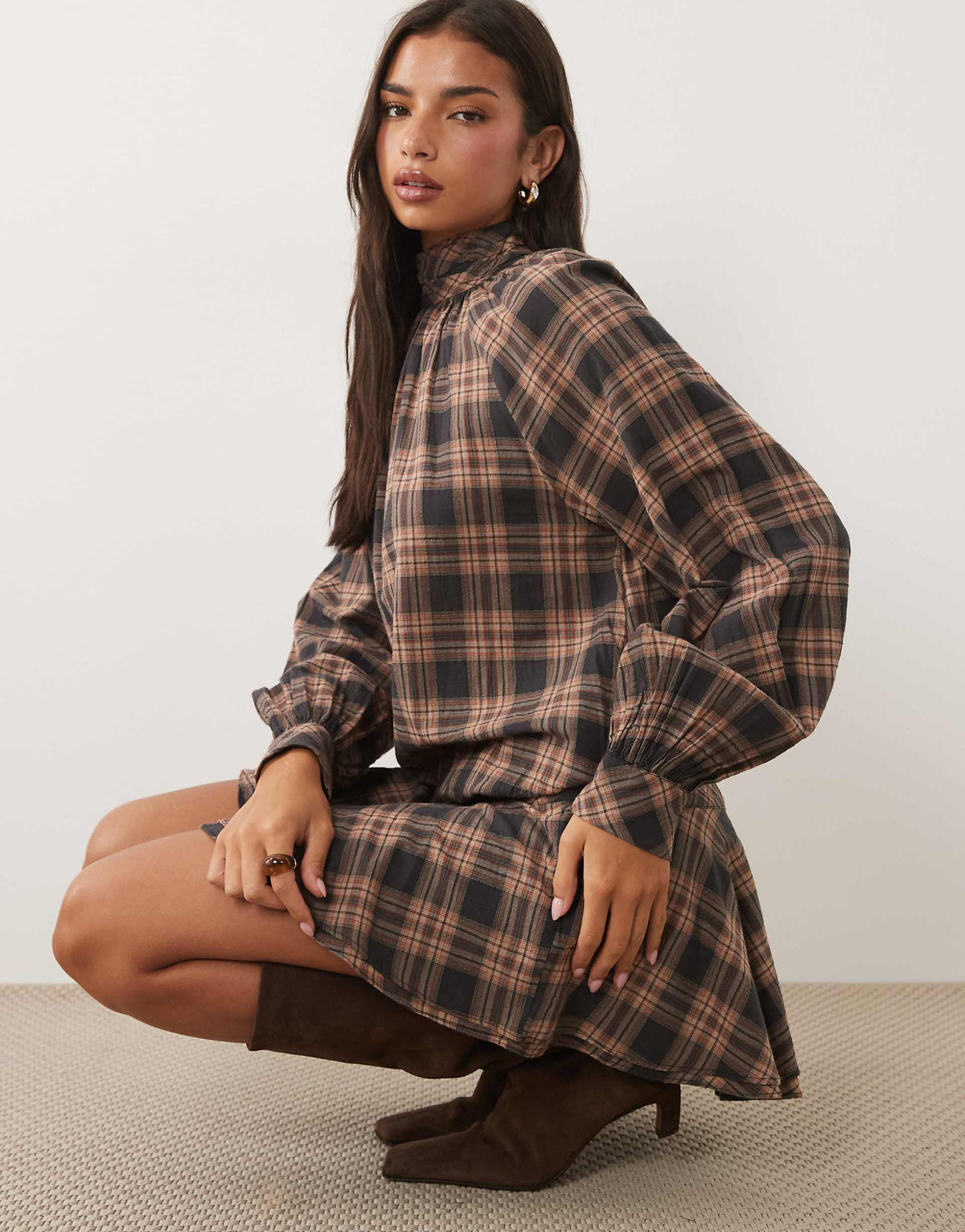 ASOS DESIGN high neck mini dress with dropped waist in tan plaid